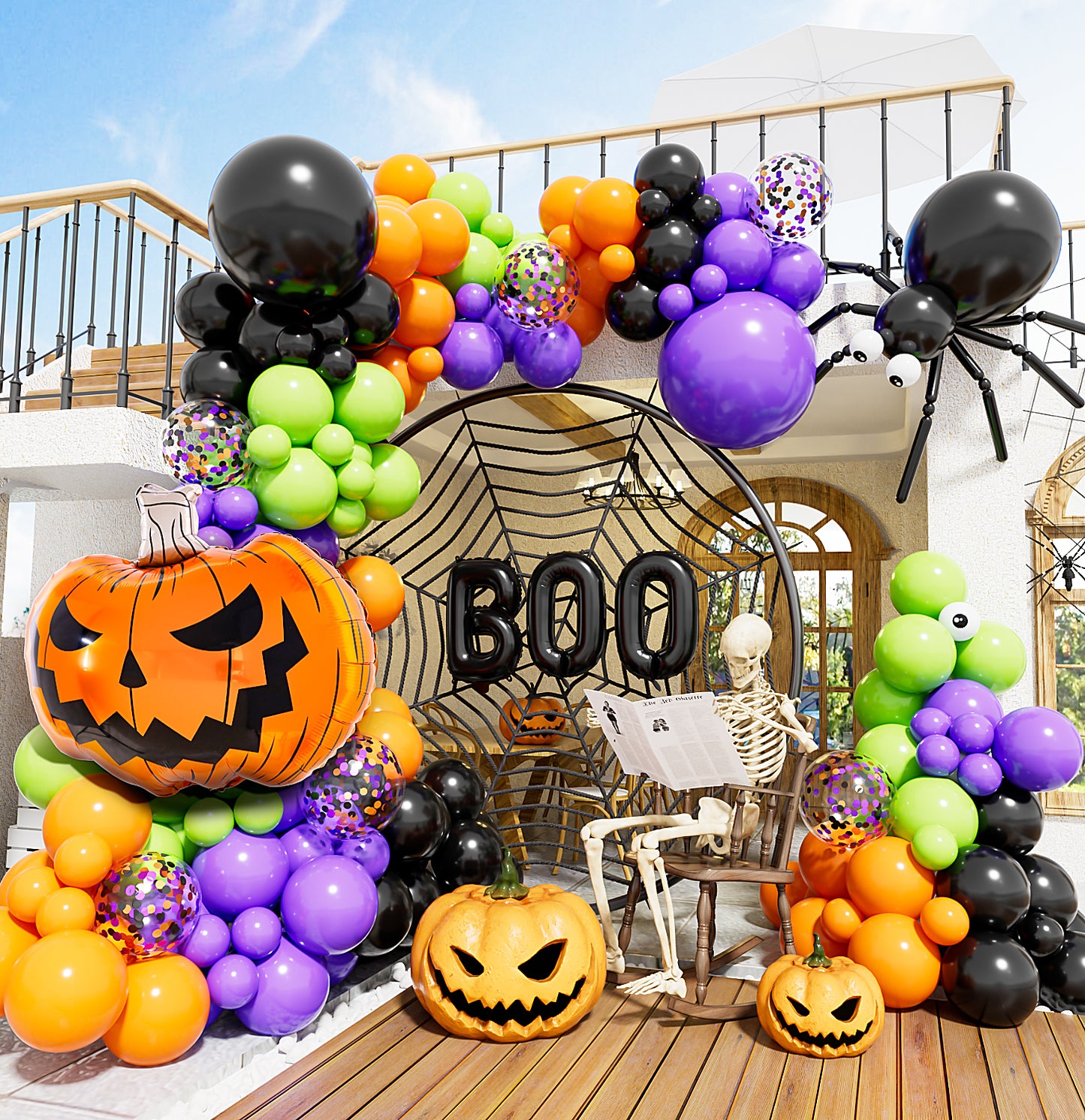 Haolongfa Halloween Balloons Garland Arch Kit,126pcs DIY Halloween Party Balloons With Black,Orange,Purple,Fruit Green,Confetti,Balloons,Boo Foil,Spider,Pumpkin Balloons for Halloween Party Decorations Indoor