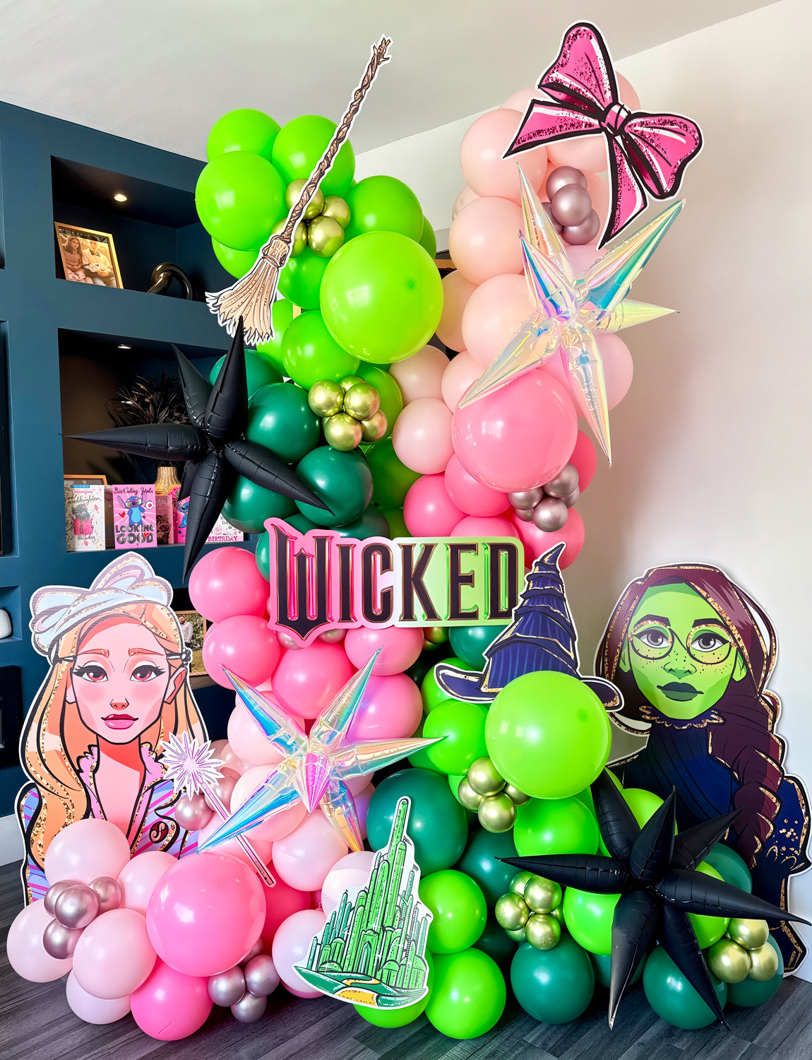 Pink and Green Balloon Garland Arch Kit - Wicked Balloon Arch Kit, Pink Green Balloons and Foil Fringe Curtains, Witch Hat Crown Exploding Star Broom Balloons for Birthday,Wicked Themed Party Decor