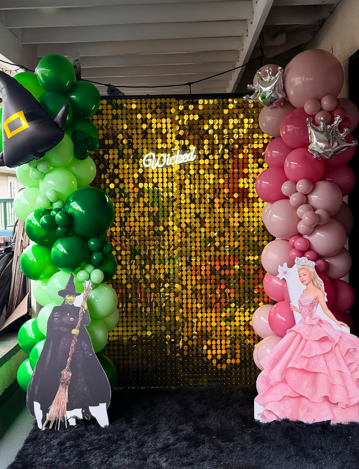 Pink and Green Balloon Garland Arch Kit - Wicked Balloon Arch Kit, Pink Green Balloons and Foil Fringe Curtains, Witch Hat Crown Exploding Star Broom Balloons for Birthday,Wicked Themed Party Decor