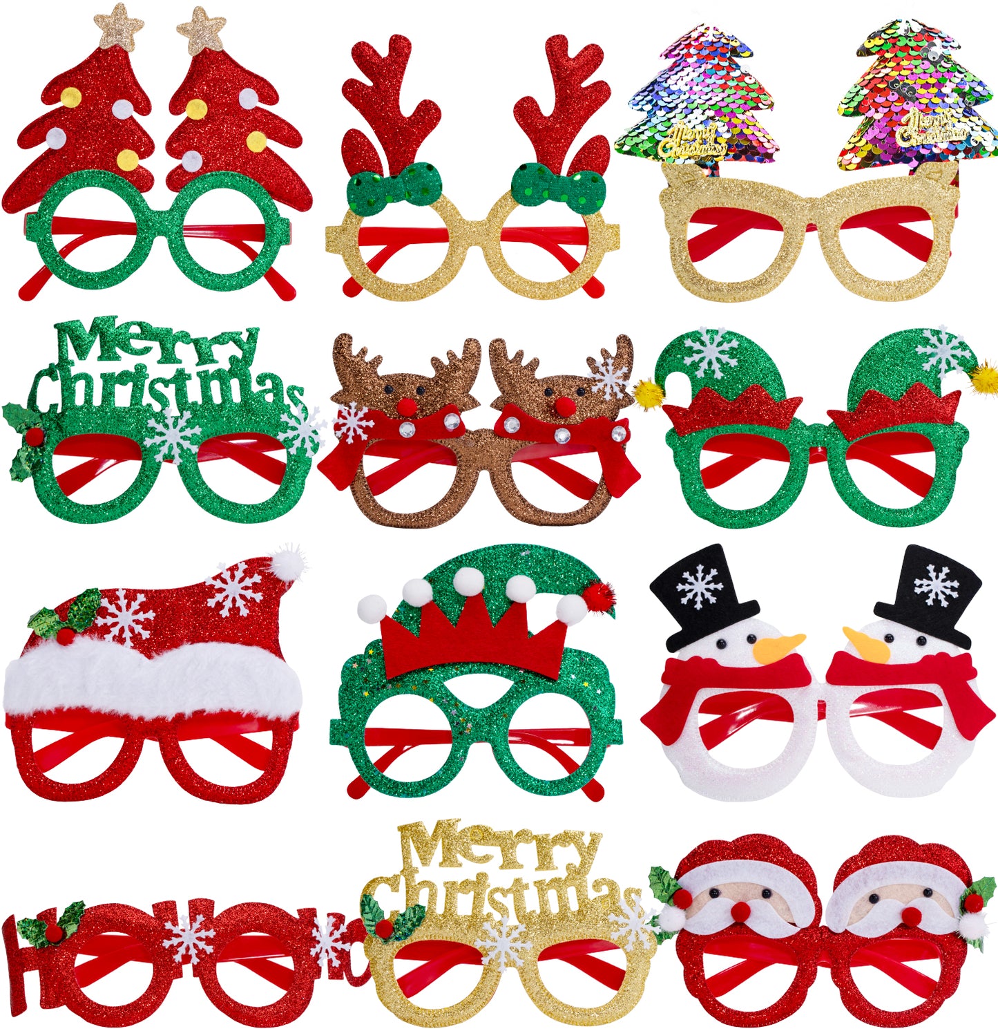 Haolongfa Christmas Glasses, 12 Pcs Chrsitmas Party Glasses, Christmas Glitter Party Eyeglasses Frames, Funny Costume Eyeglasses Xmas Photo Props for Christmas Party Decor Party Holiday Favors