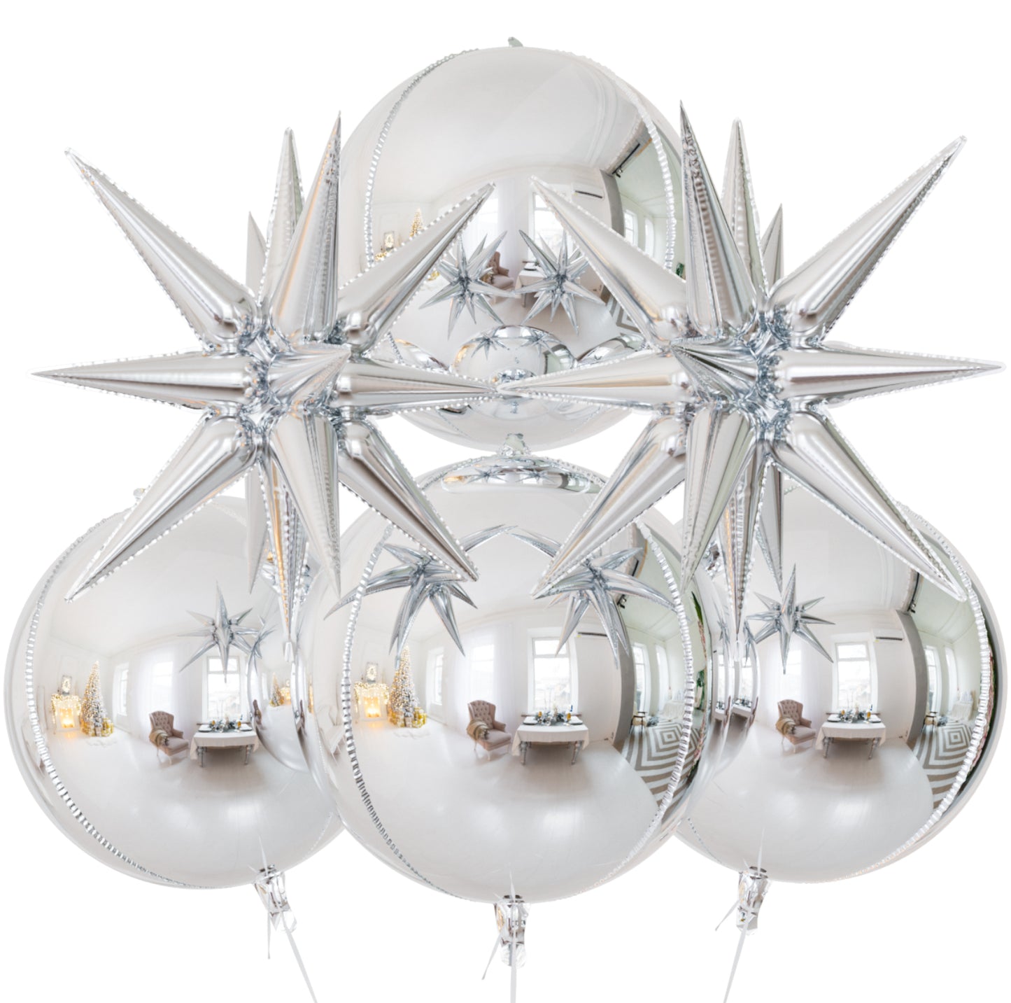 Haolongfa Silver Foil Balloons-22 Inch,4D Round Silver Mylar Balloons, Explosion Star Balloons, Metallic Silver Balloons for Birthday Party, Christmas Party Decor, Happy New Year Decor 6 Pcs