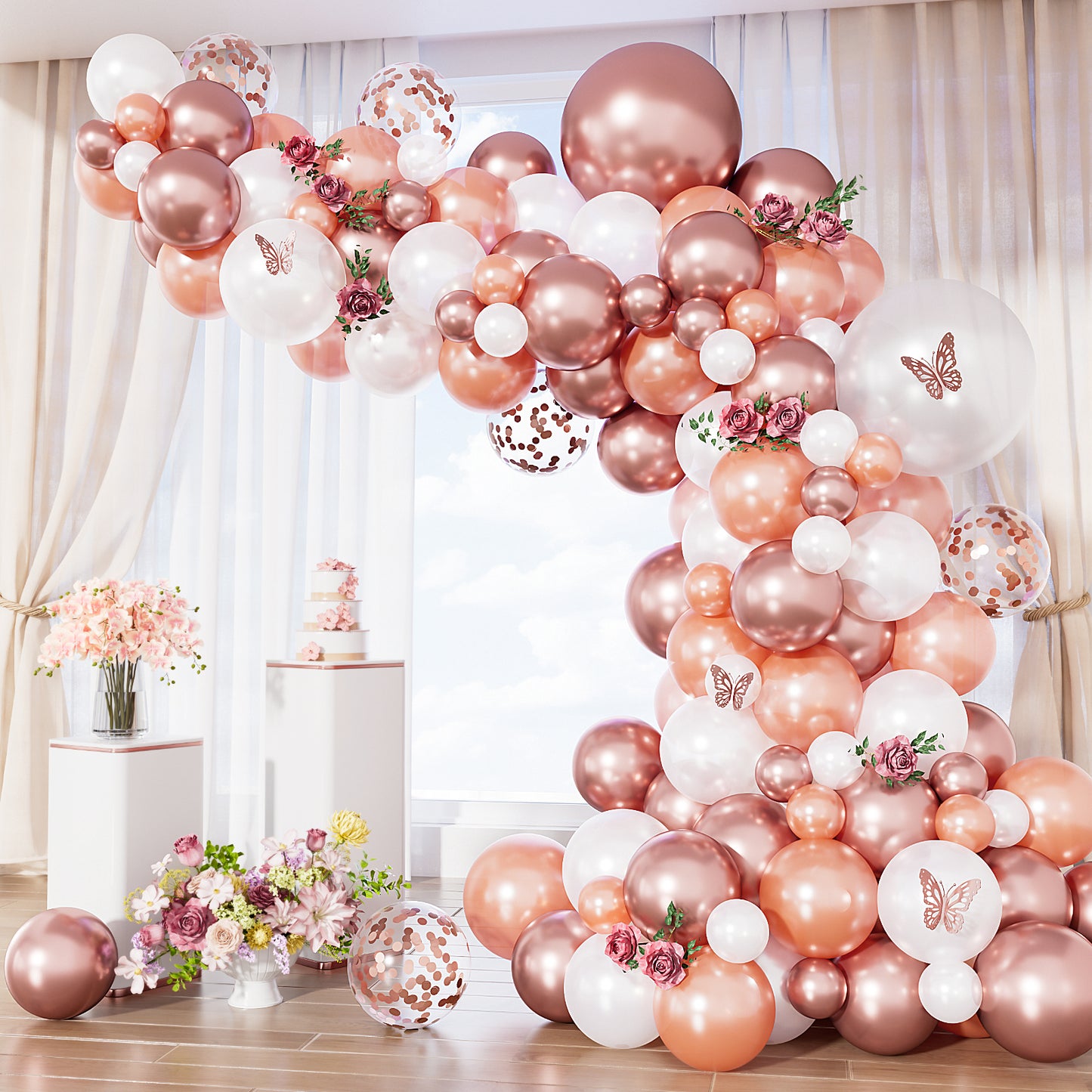 Rose Gold Balloon Garland Arch Kit, Metallic Rose Gold Pearl White and Glitter Confetti Balloons, Rose Gold Party Decor for Wedding Backdrop, Birthday, Baby Shower, Photo Booth, Retirement Party Decro