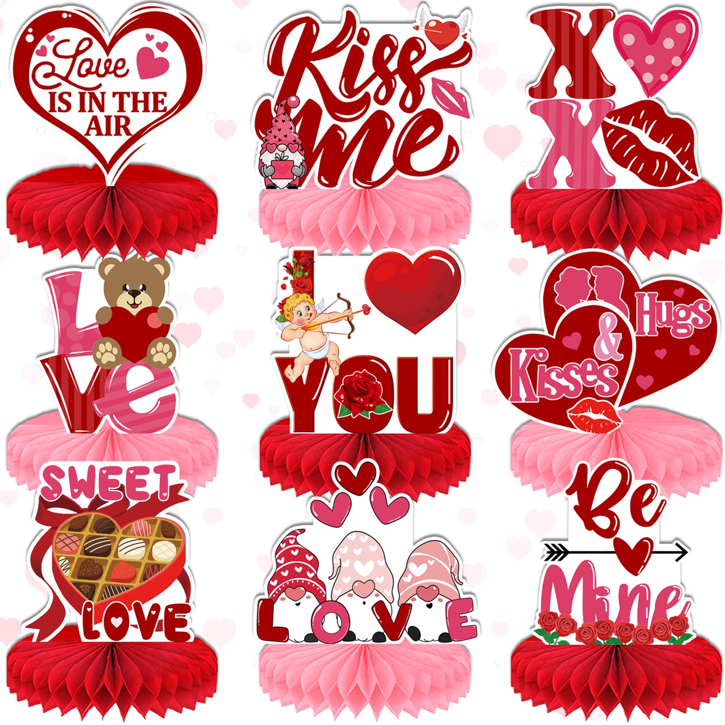 Haolongfa Valentines Day Table Decorations, 9 Pcs Valentines Centerpieces for Tables, Bear Heart Valentine Honeycomb Centerpieces Red Pink Valentine Table Centerpiece for Valentines Day Decorations