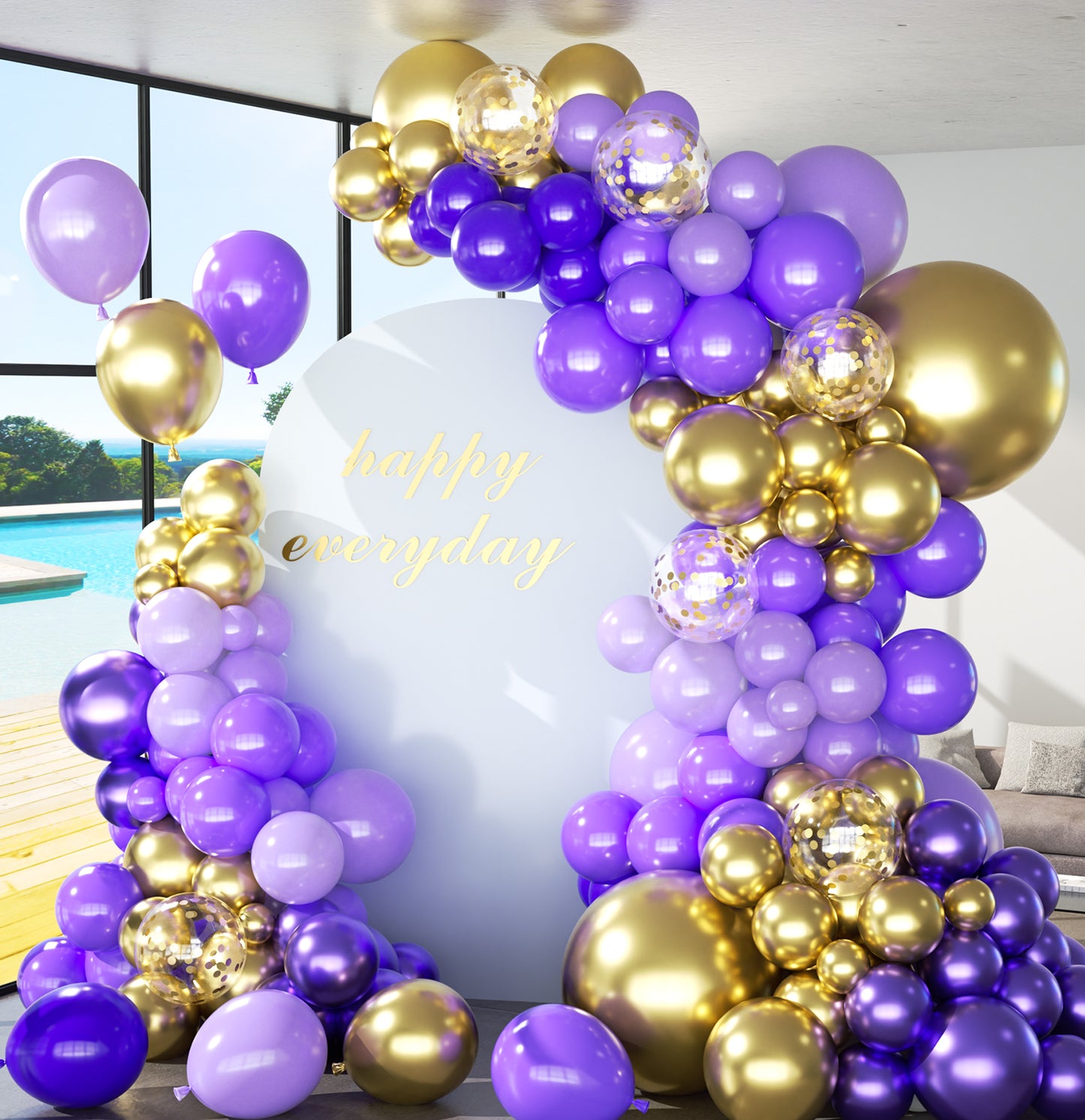 Haolongfa Purple Balloon Arch Kit, 132pcs Purple and Gold Balloons Different Sizes 18/12/10/5 Inch, Pastel Purple Balloons for Mother's Day Graduation Birthday Baby Shower Wedding Party Decorations