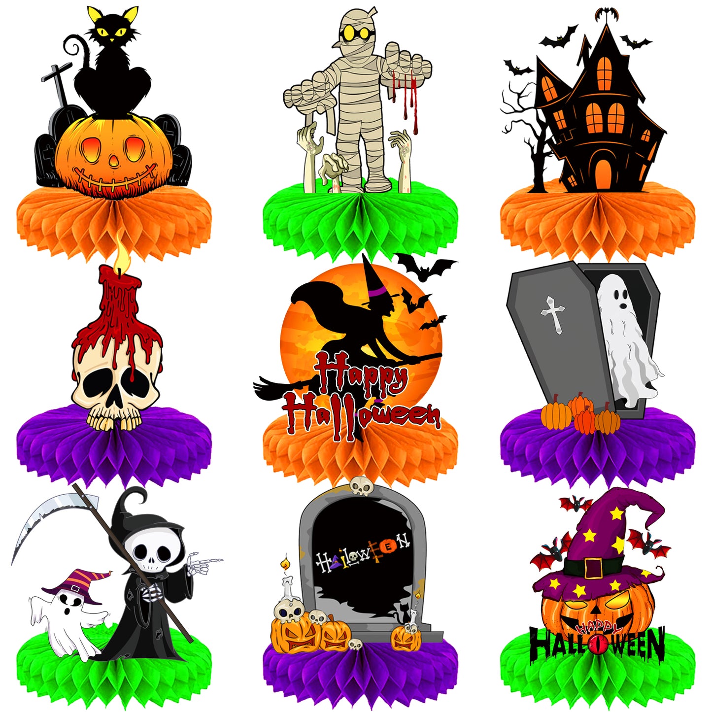 Halloween Table Decorations – 9Pcs Honeycomb Centerpieces for Table Featuring Pumpkin, Ghost, Cat, Castle, Tombstone,Spooky Decor for Kids Birthday and Halloween Party