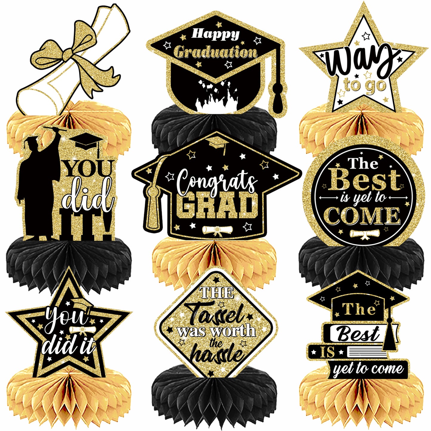 9Pcs Graduation Table Decorations 2025, Graduation Centerpieces for Tables, Black and Gold Honeycomb Centerpieces, 3D Congrats Grad Table Toppers for Class of 2025 Grad Party Decorations