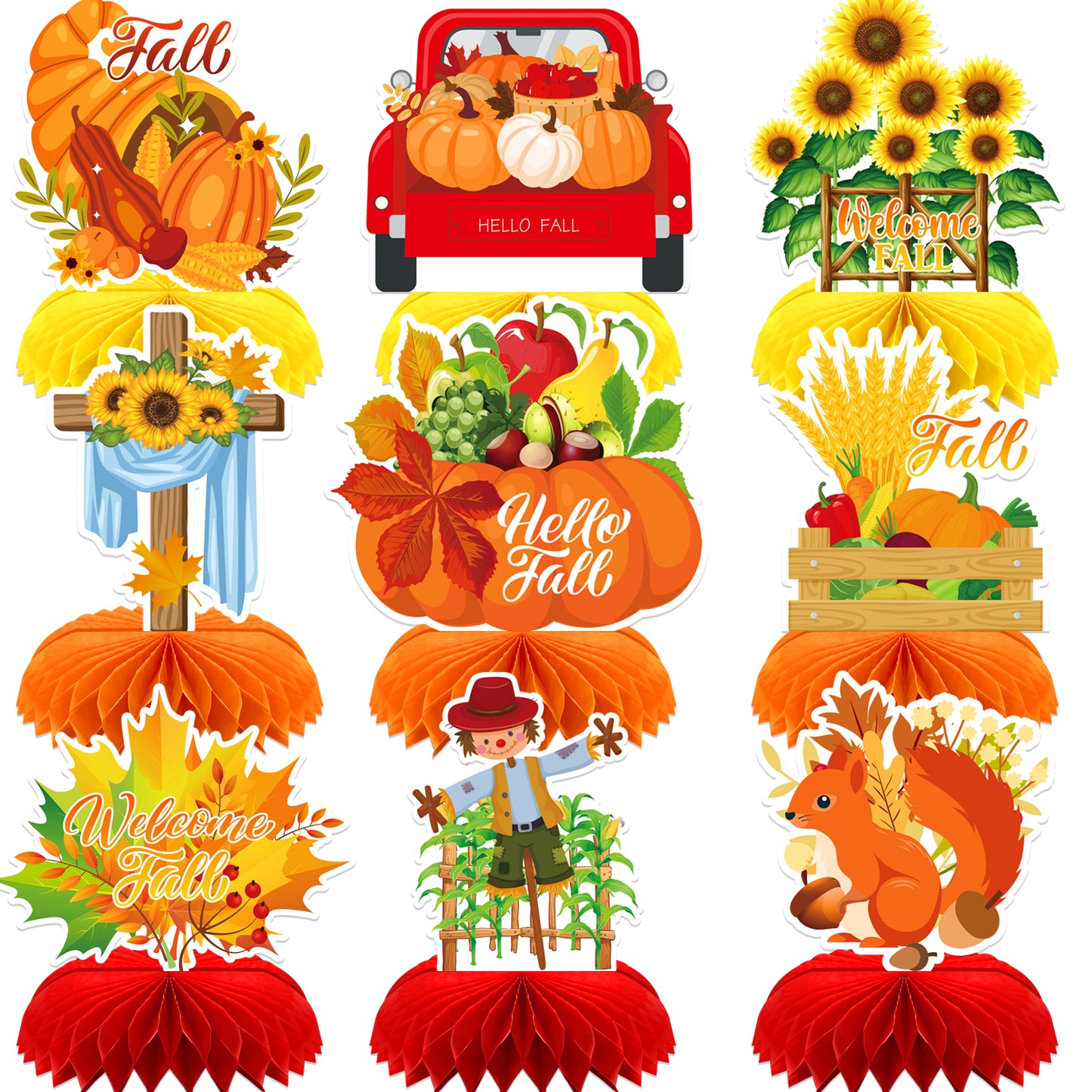 Fall Table Decorations - 9Pcs Fall Honeycomb Centerpieces for Tables with Pumpkins, Sunflowers, Scarecrow, Squirrel for Thanksgiving Dinner, Autumn Harvest Festival, Rustic Fall Party Decorations