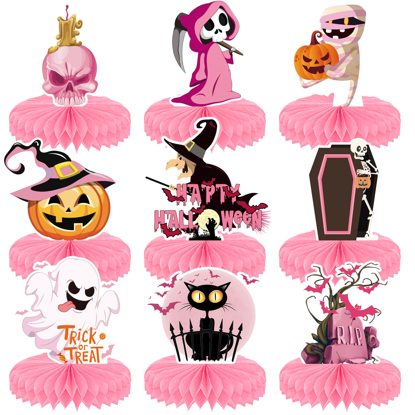 Pink Halloween Table Decorations, 9 Pcs Cute Pastel Halloween Honeycomb Centerpieces for Table, Pink Halloween Party Decor for Baby Shower, Girls Birthday, Gender Reveal