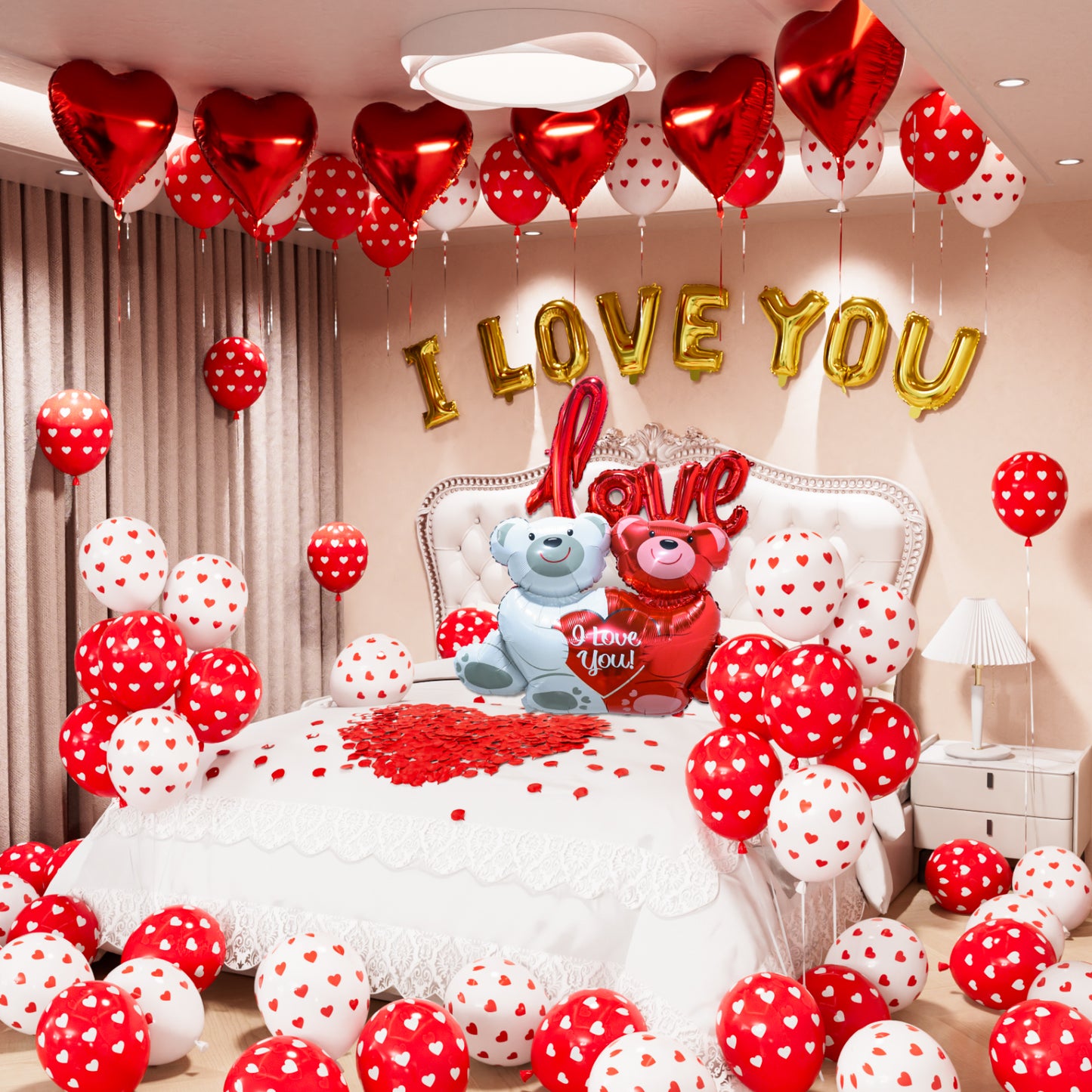 Haolongfa Valentines Day Decorations Kit, I Love You Balloons and Foil Red Heart Balloons, Love Balloon Kit with 1000 Pcs Red Silk Rose Petals, Valentines Balloons for Valentines Day Decorations