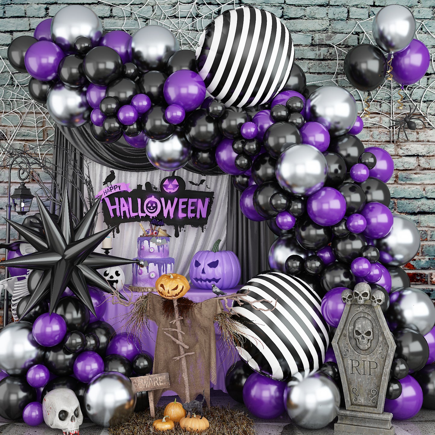 Halloween Balloon Garland Arch Kit, 135PCS Purple Black Silver Balloons with Foil Starburst Balloons for Spooky Party, Dark Style Birthday, Gothic Theme Halloween Party Decorations