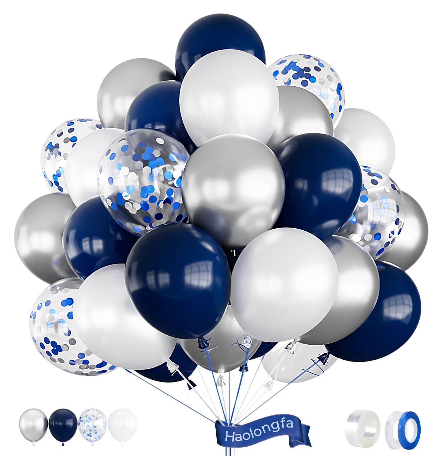 Haolongfa Navy Blue and Silver Balloons,12 Inch 60pcs Navy Blue Balloons with Silver Confetti Balloons,Pearl White Latex Balloons for Graduation Birthday Baby Shower Anniversary Wedding Party