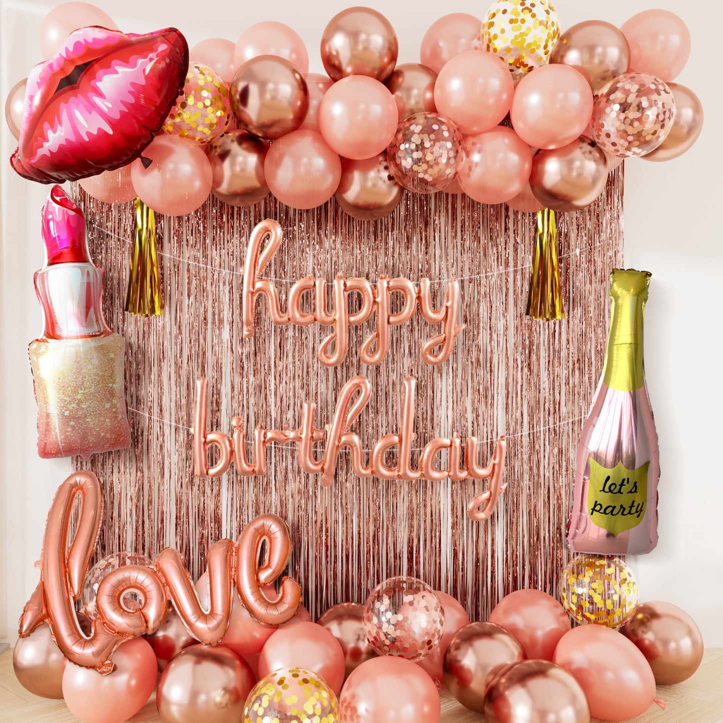 Rose Gold Happy Birthday Decorations for Women and Girls – Rose Gold Balloons, Happy Birthday Banner, Foil Crown Love Balloons with Fringe Curtain for Birthday Party Supplies
