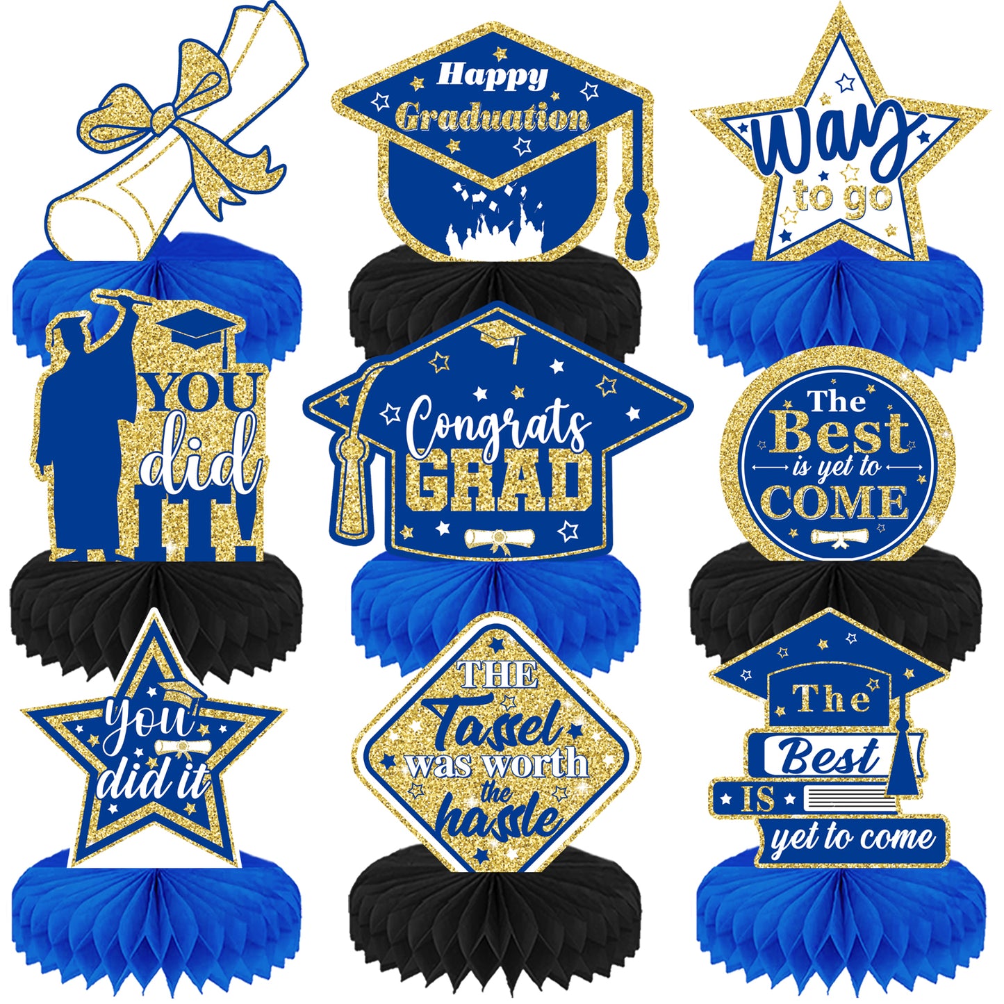 Graduation Centerpieces for Tables, 9Pcs Graduation Table Decorations, 3D Royal Blue Congrats Grad Honeycomb Centerpieces Table Toppers, Photo Props for Class of 2025 Grad Party Favors