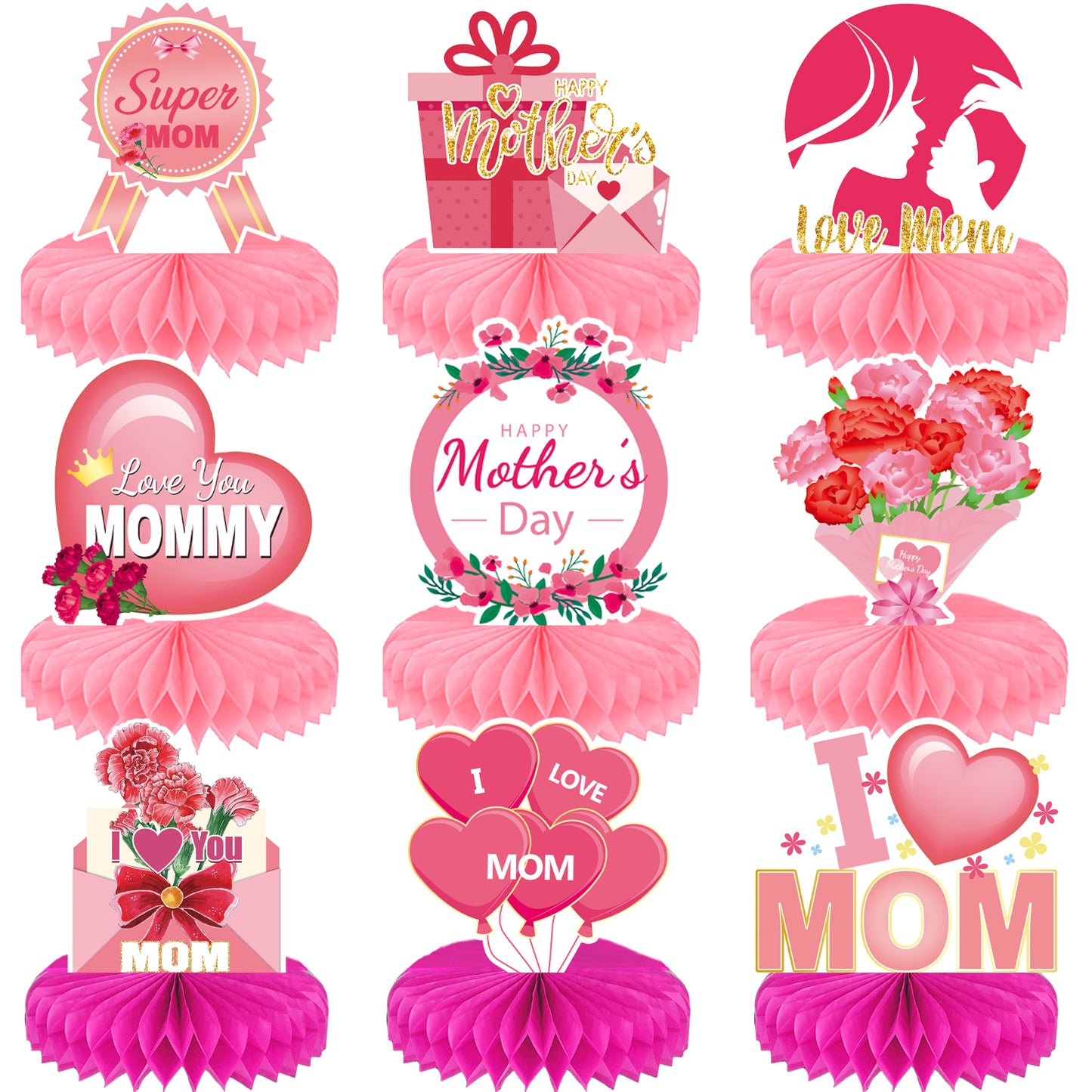 Mothers Day Table Decorations, Happy Mothers Day Centerpieces for Table, 9Pcs Pink Super Mom Theme Honycomb Centerpieces, 3D Flowers and Heart Table Toppers, for Mother‘s Party Supplies