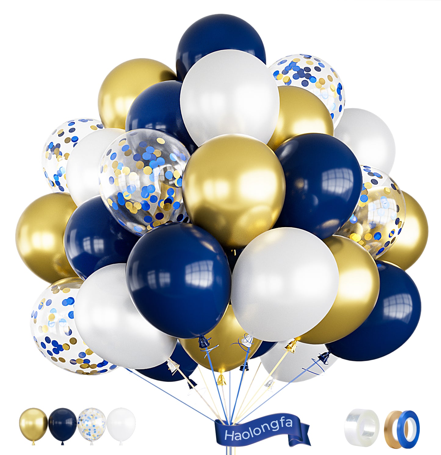 Haolongfa Navy Blue and Gold Confetti Balloons,12 Inch 60pcs Pearl White and Metallic Gold Latex Balloons for Graduation Birthday Baby Shower Anniversary Wedding Celebration Party Decoration