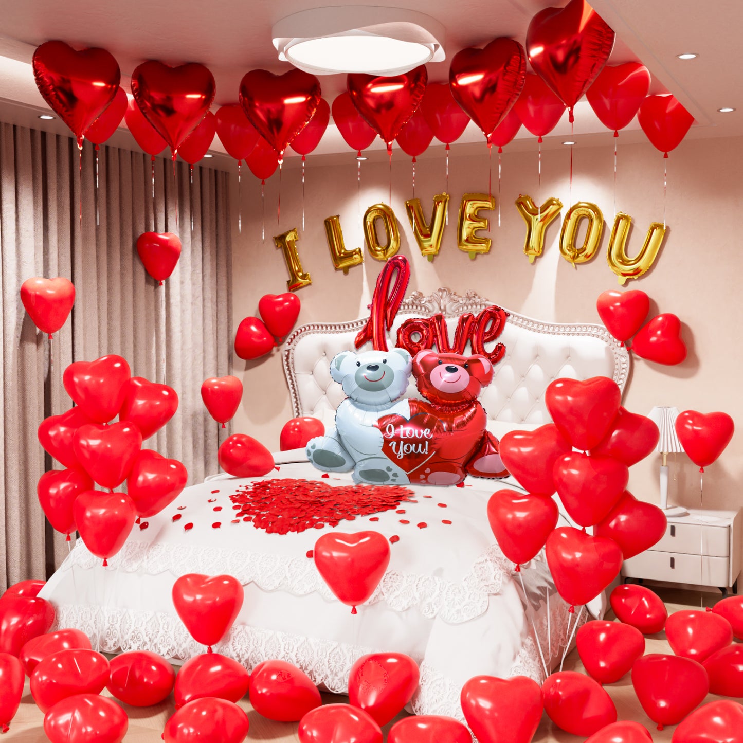 Haolongfa Valentine Day Balloons Kit, I Love You Balloons and Love-Bear Red Heart Balloons with 1000 Pcs Red Silk Rose Petals, Love Balloons for Valentines Day Room Decorations Anniversary Proposal