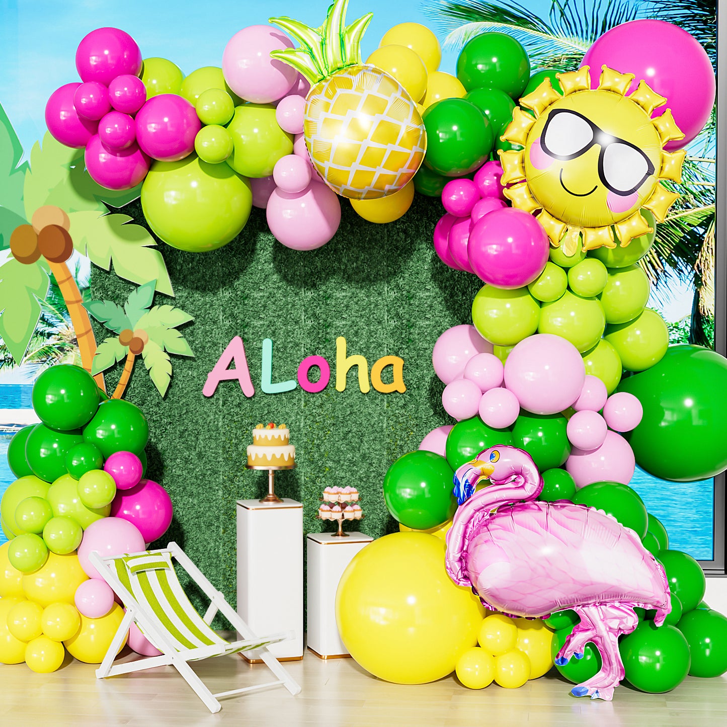 133 Pcs Tropical Balloons Arch Garland Kit, Sun/Pineapple/Flamingo Foil Balloon with Green/Pink/Yellow Latex Luau Balloons Arch, for Hawaiian Luau Aloha Summer Beach Party, Flamingo Pool Party Decor