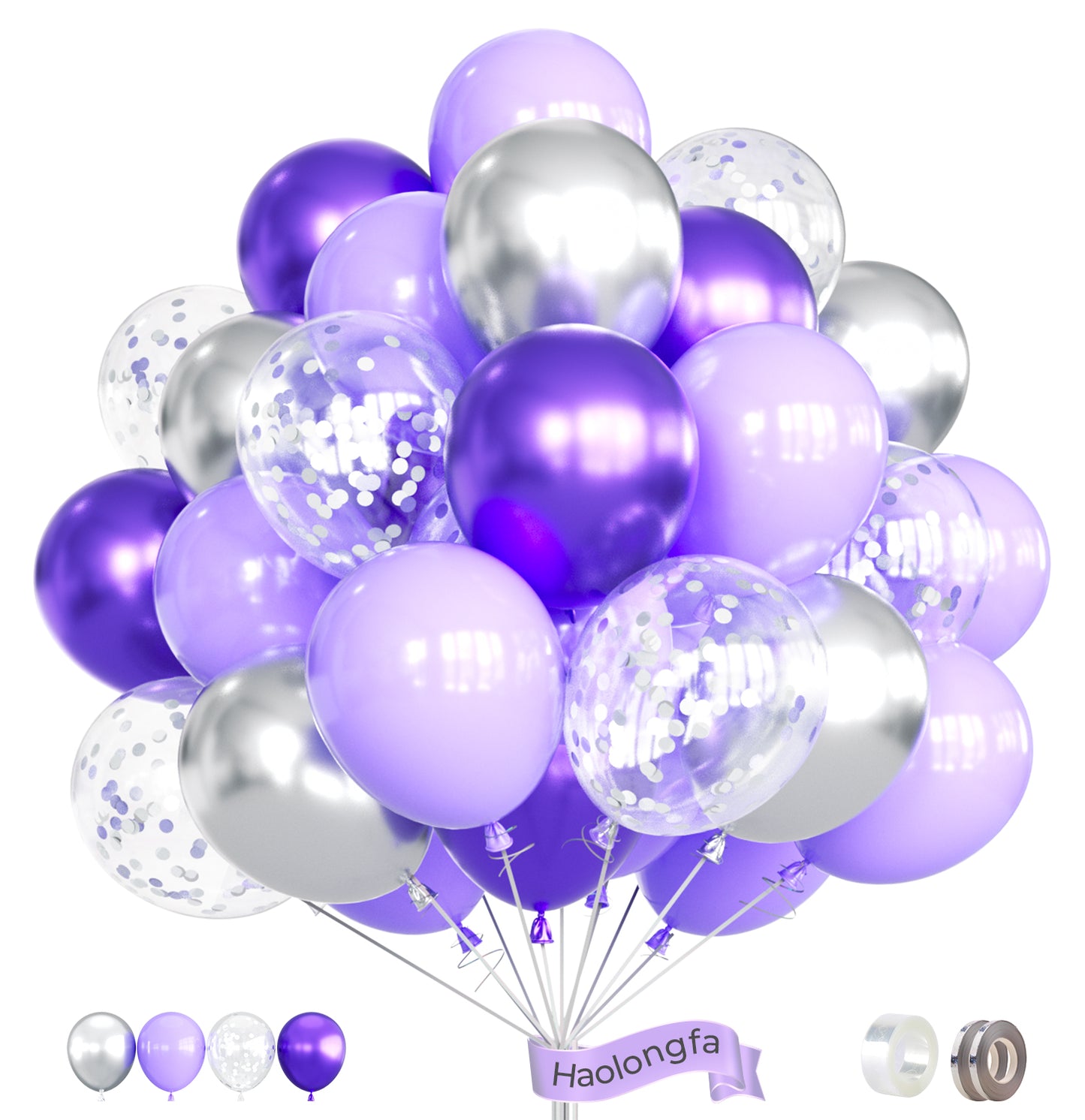 Haolongfa Pastel Purple Balloons, 12 Inch 60pcs Purple and Silver Balloons with Silver Confetti Balloons, Lavender Balloons for Mother's Day Birthday Baby Shower Graduation Wedding Party Decorations
