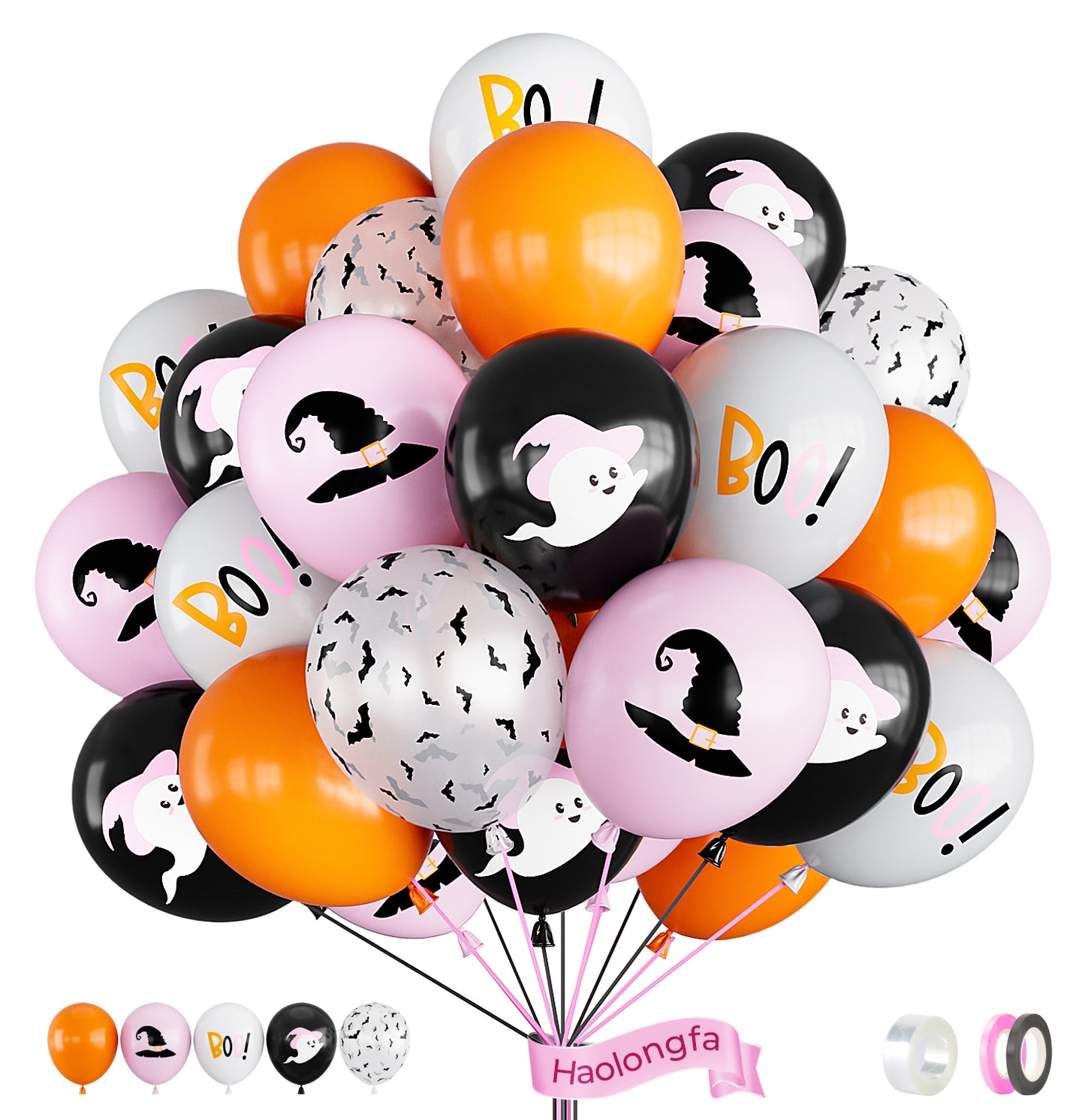 Haolongfa Pink and Black Balloons,12 Inch Halloween Balloons,Pink,Black,Orange,White Balloons,Hey Boo Balloons with Cute Ghost,Wizard Hat,Bat Design for Halloween Party Decorations,Birthday,Baby Shower-50Pcs
