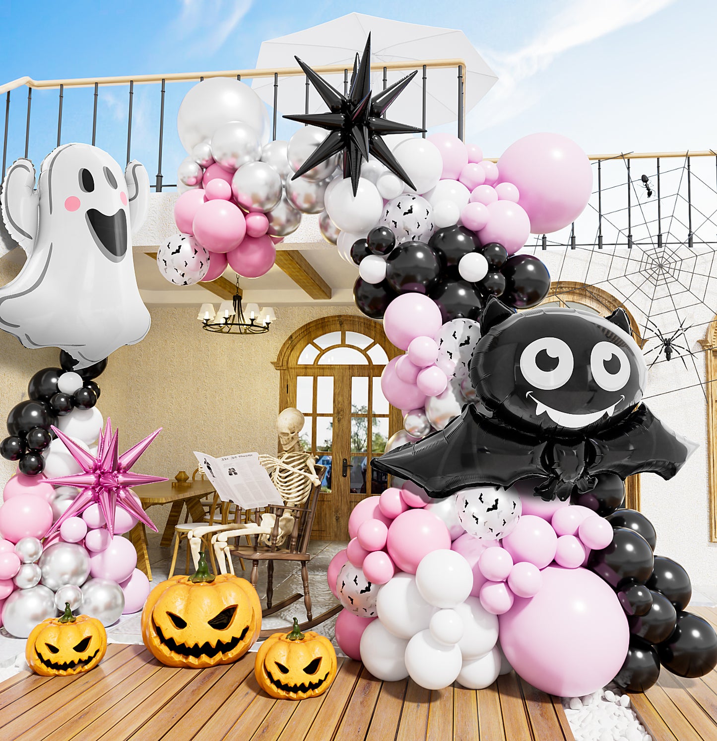 Haolongfa Pink Black Silver Halloween Balloons Garland Arch Kit,130pcs Halloween Balloons With Starburst,Ghost,Bat Foil Balloons for Girl,Birthday,Baby Shower,Spooky One,Halloween Party Decorations
