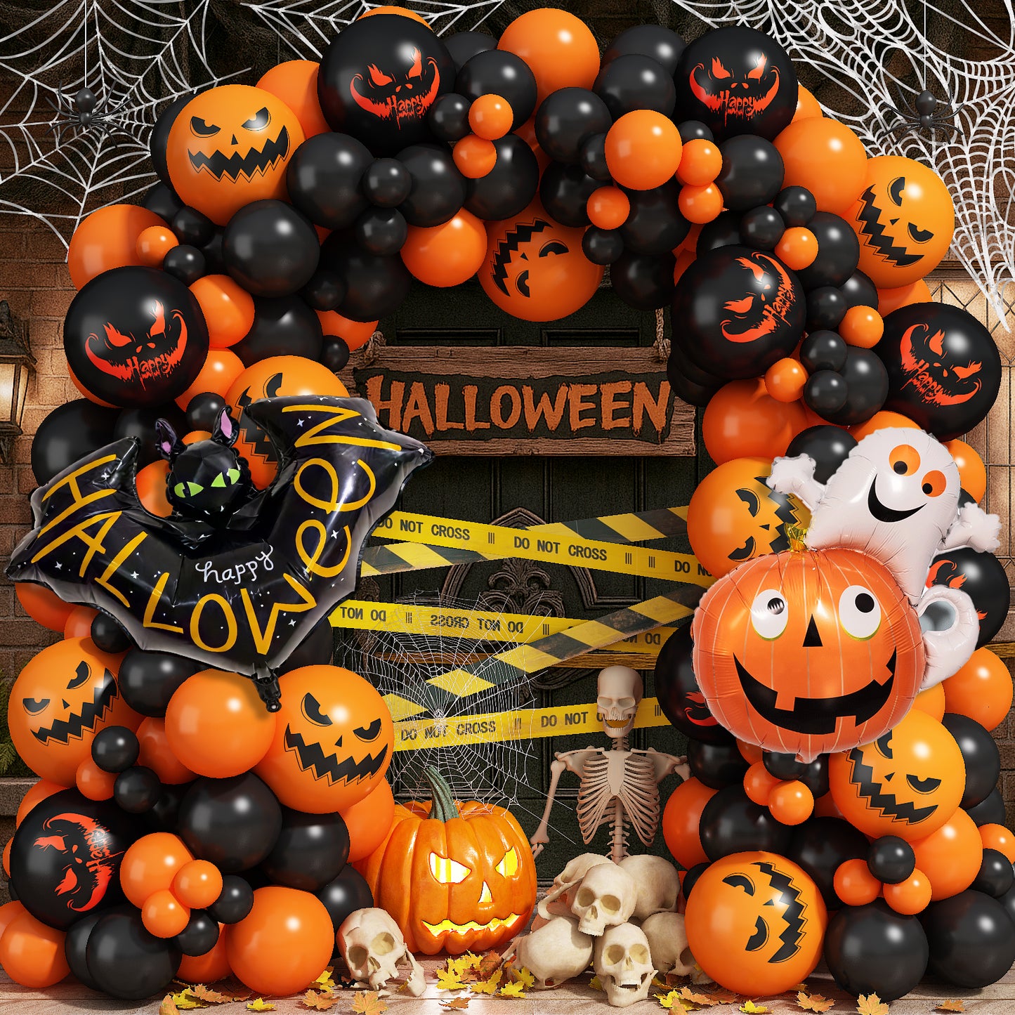 Halloween Balloon Garland Arch Kit, 122 Pcs Orange and Black Printed Latex Balloons with Pumpkin Bat Foil Balloons for Halloween Birthday Party Decor Indoor Outdoor