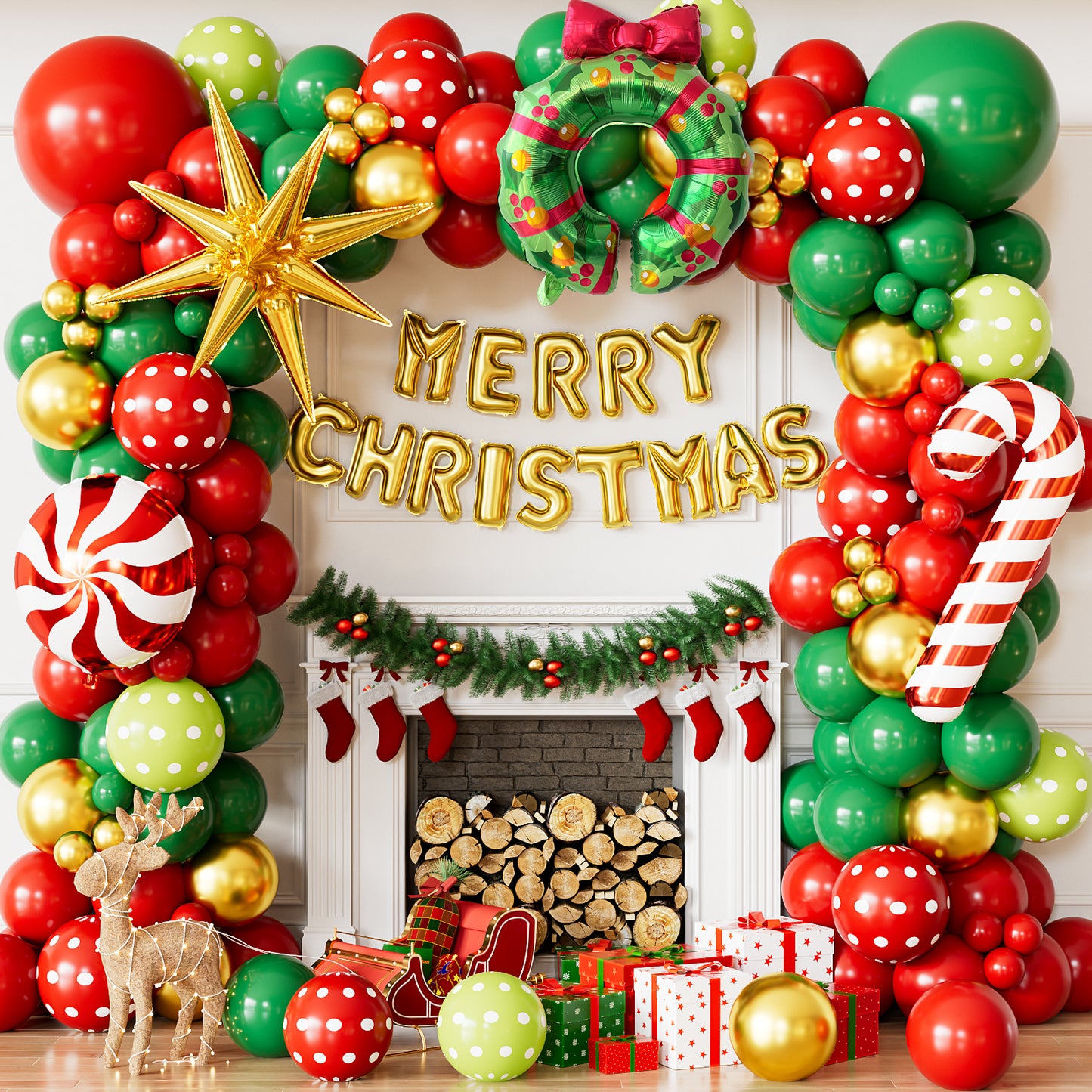 Christmas Balloon Garland Arch Kit, 132PCS Red Green Gold Xmas Balloons with Candy Cane, Wreath, Star, Merry Christmas Foil Balloons for Xmas Decor, Holiday Party Supplies Indoor Outdoor
