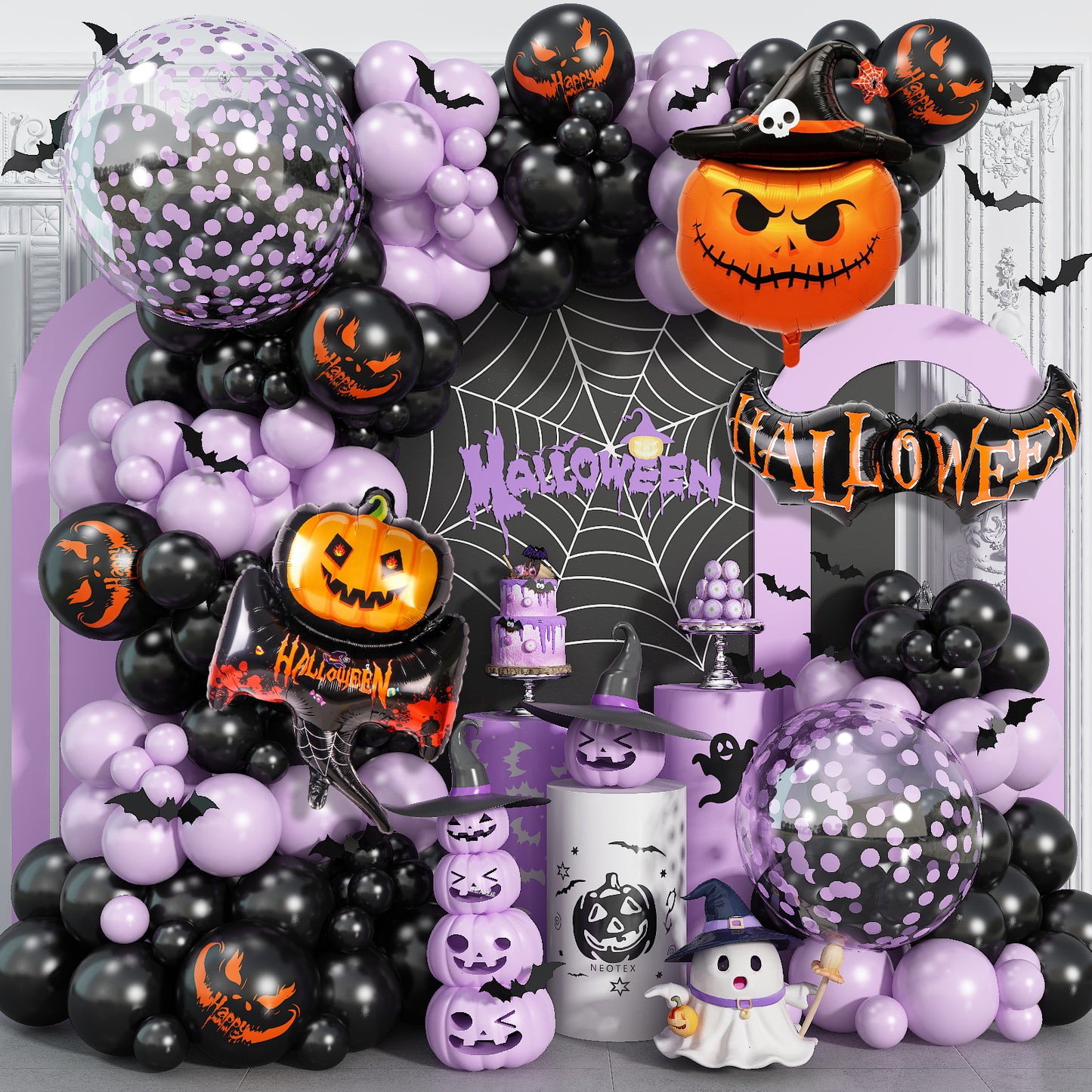 Halloween Balloon Garland Arch Kit, 113PCS Purple Black Latex Balloons with Bobo Balloon, Pumpkin Bat Ghost Foil Balloons and PVC Bat for Halloween Birthday Party Decorations Indoor Outdoor