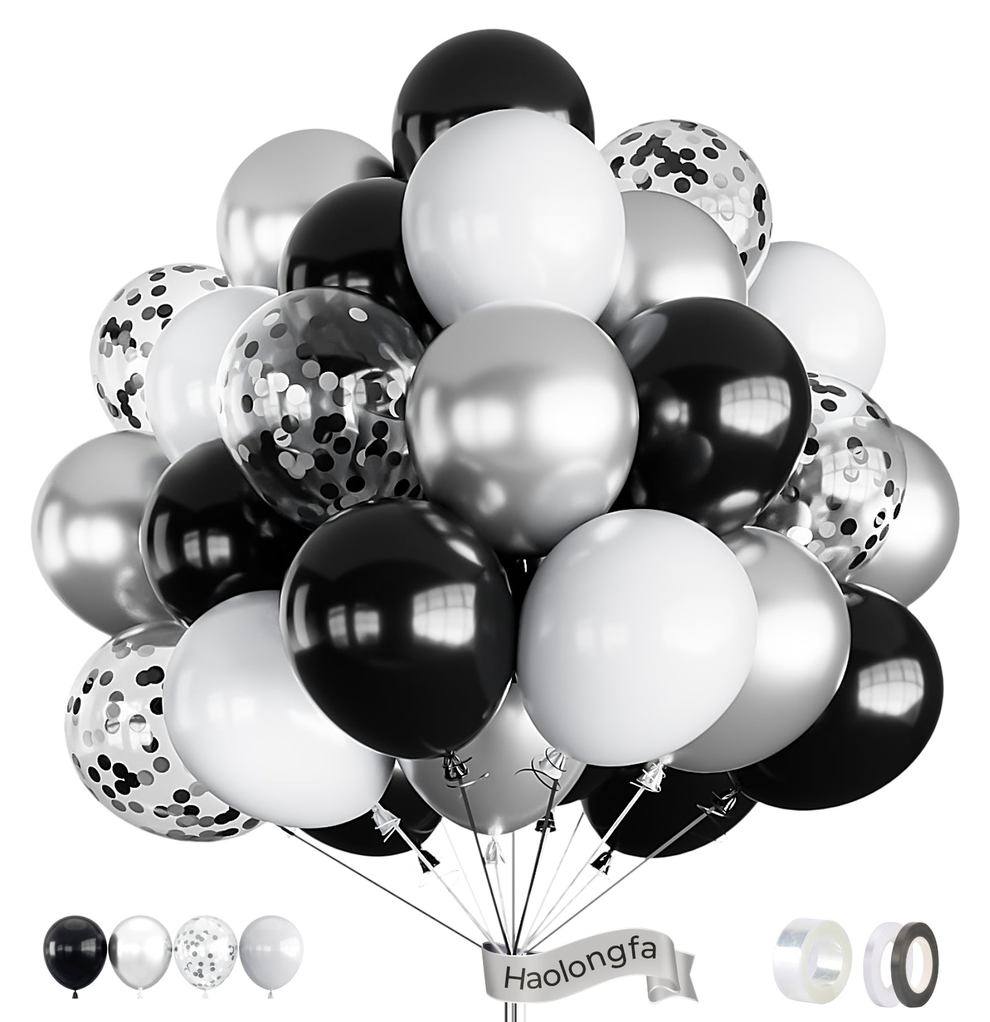 Haolongfa Black and Silver Balloons,12 Inch 60pcs Black White Silver Confetti Balloons,Metallic Silver Latex Balloons for Graduation Birthday Anniversary Wedding Party Decorations
