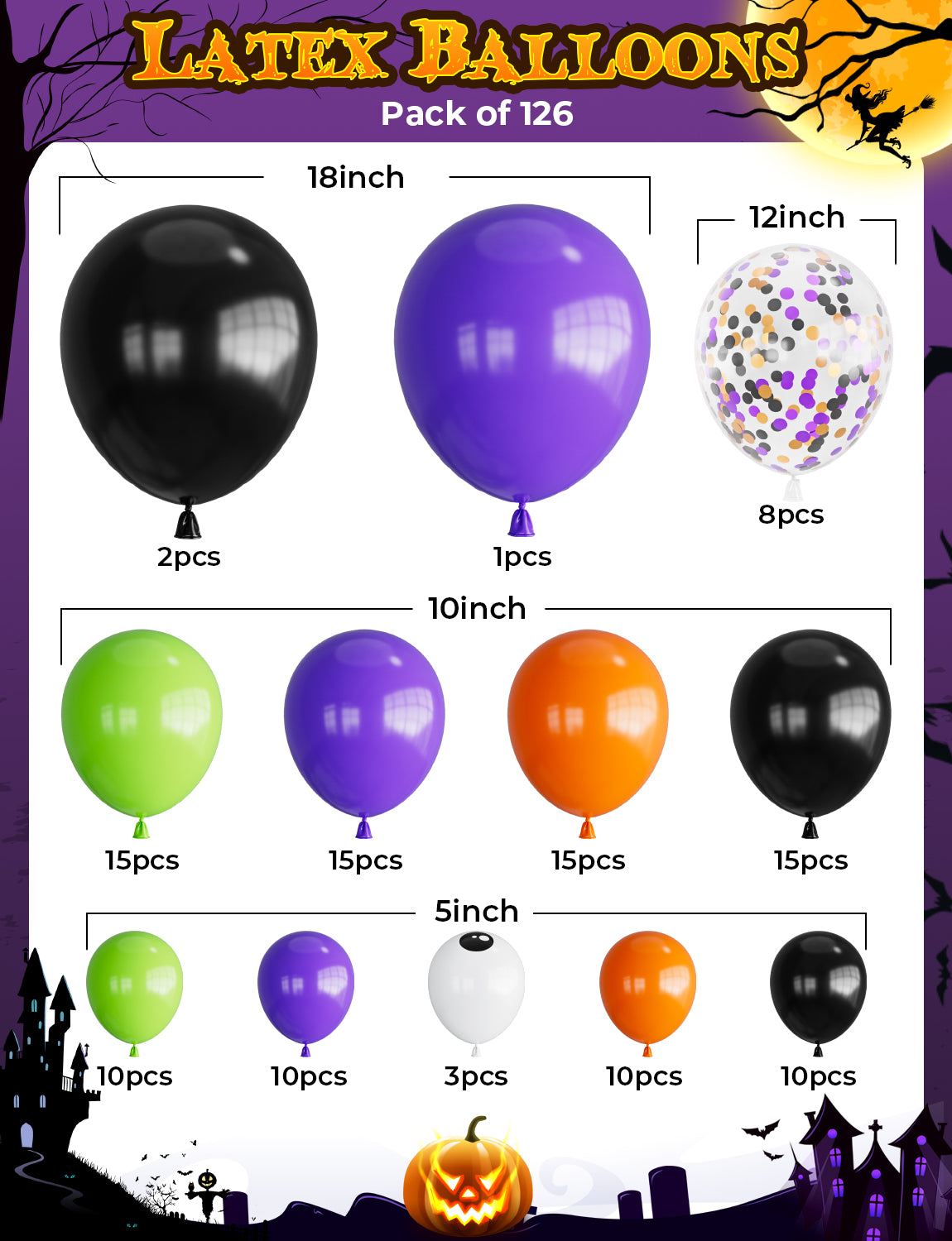 Haolongfa Halloween Balloons Garland Arch Kit,126pcs DIY Halloween Party Balloons With Black,Orange,Purple,Fruit Green,Confetti,Balloons,Boo Foil,Spider,Pumpkin Balloons for Halloween Party Decorations Indoor