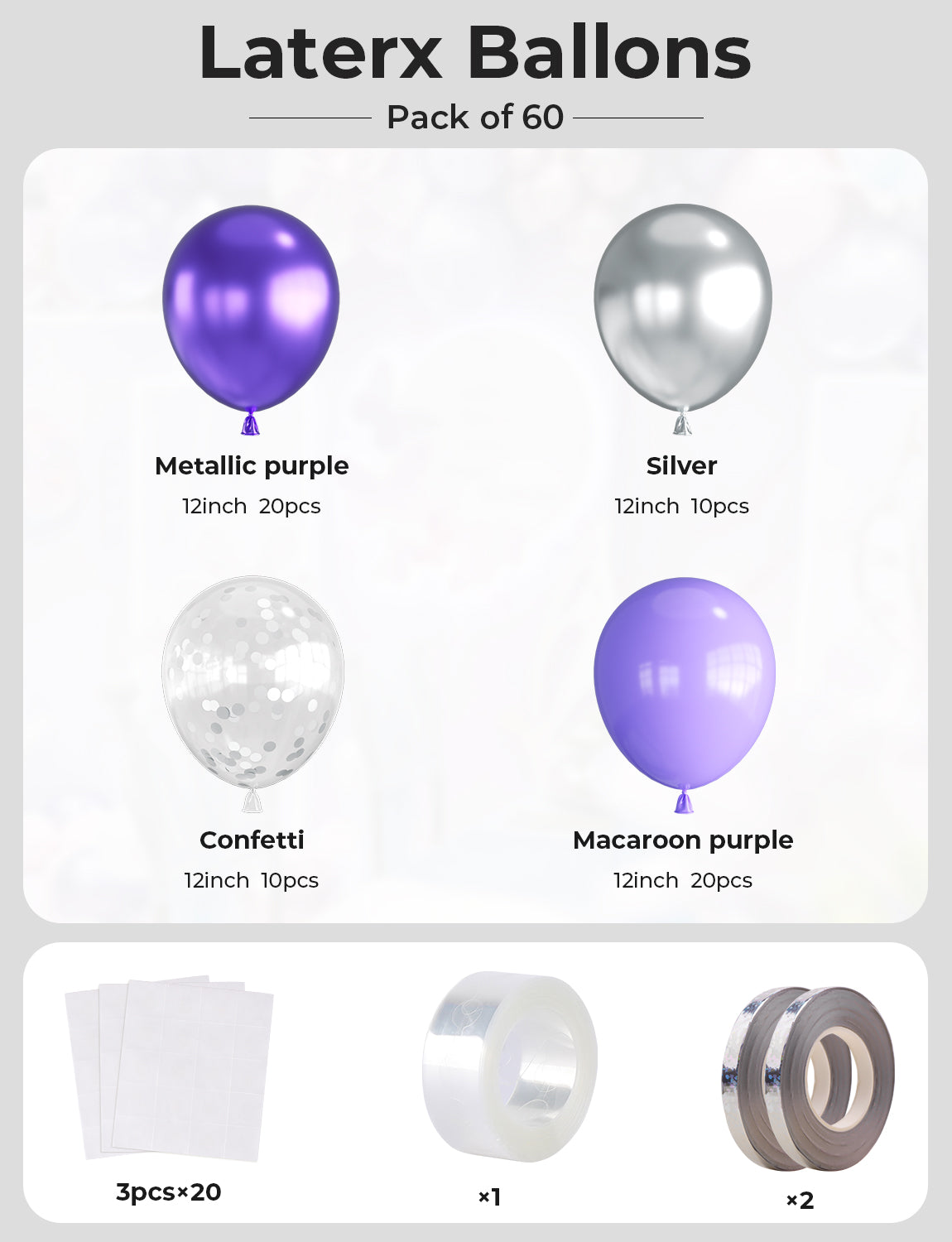 Haolongfa Pastel Purple Balloons, 12 Inch 60pcs Purple and Silver Balloons with Silver Confetti Balloons, Lavender Balloons for Mother's Day Birthday Baby Shower Graduation Wedding Party Decorations