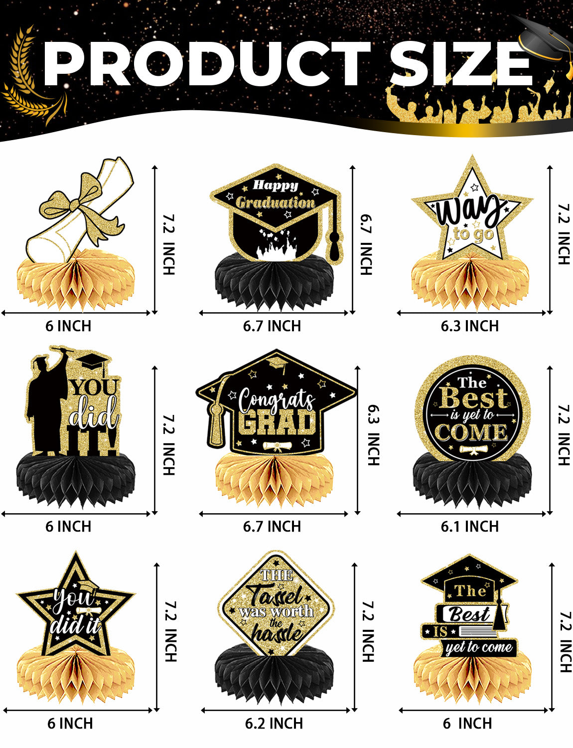 9Pcs Graduation Table Decorations 2025, Graduation Centerpieces for Tables, Black and Gold Honeycomb Centerpieces, 3D Congrats Grad Table Toppers for Class of 2025 Grad Party Decorations