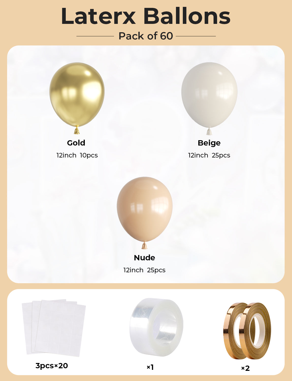 Haolongfa White Sand Gold Balloons,12 Inch 60pcs Beige Nude Balloons with Gold Latex Balloons,Nude Beige Cream Neutral Balloons for Graduation Birthday Boho Baby Shower Mother's Day Wedding