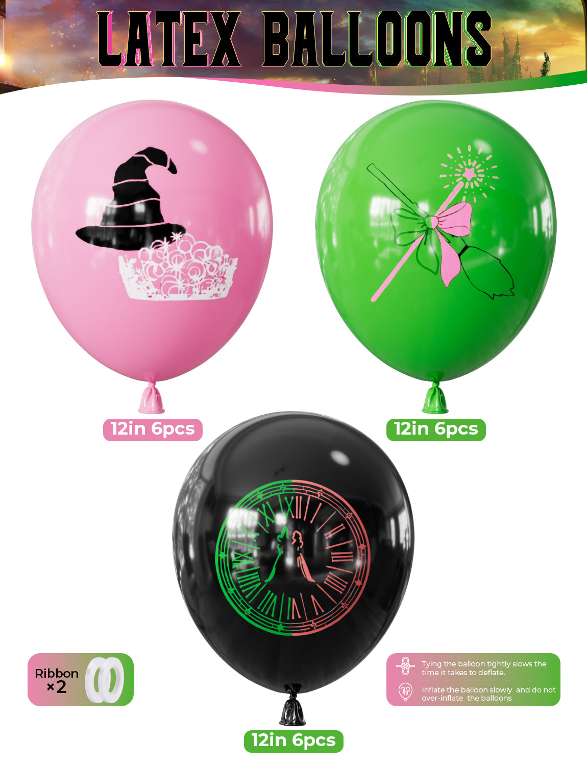 Haolongfa Wicked Balloons Set - 12 Inch Pink Green and Black Balloons with Spellbinding Witch Prints, Latex Halloween Balloon for Birthday, Cosplay, Magic Party, Theater, Kids Witch Themed Party