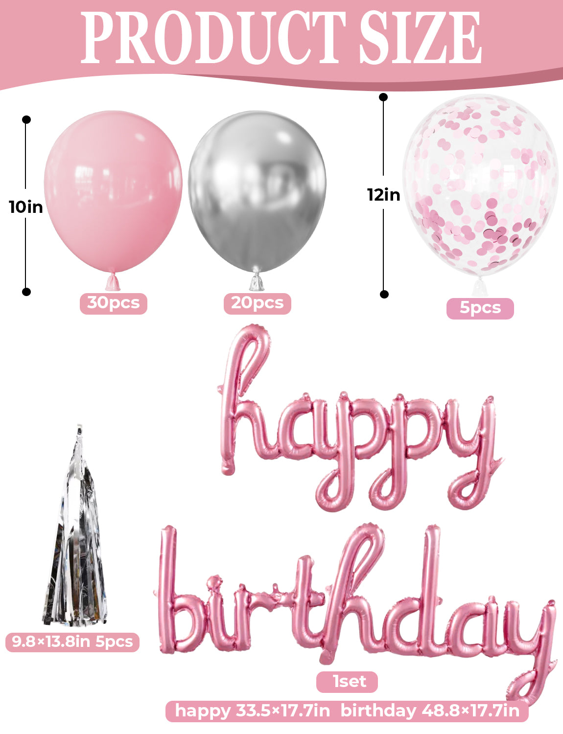 Pink Happy Birthday Decorations for Women and Girls – Pink and Silver Balloons, Happy Birthday Banner, Foil Crown Love Balloons with Fringe Curtain for Birthday Party Supplies
