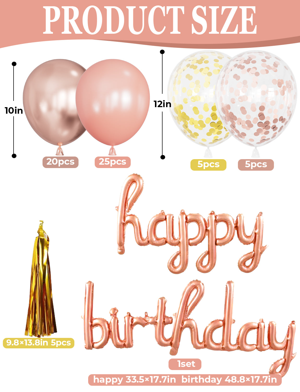 Rose Gold Happy Birthday Decorations for Women and Girls – Rose Gold Balloons, Happy Birthday Banner, Foil Crown Love Balloons with Fringe Curtain for Birthday Party Supplies