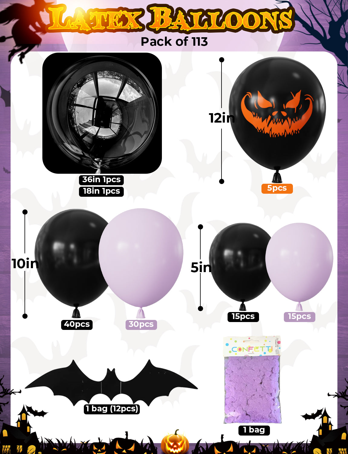 Halloween Balloon Garland Arch Kit, 113PCS Purple Black Latex Balloons with Bobo Balloon, Pumpkin Bat Ghost Foil Balloons and PVC Bat for Halloween Birthday Party Decorations Indoor Outdoor