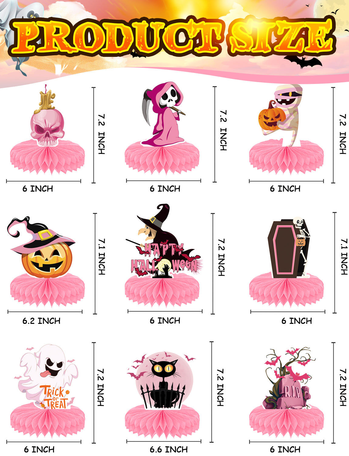 Pink Halloween Table Decorations, 9 Pcs Cute Pastel Halloween Honeycomb Centerpieces for Table, Pink Halloween Party Decor for Baby Shower, Girls Birthday, Gender Reveal