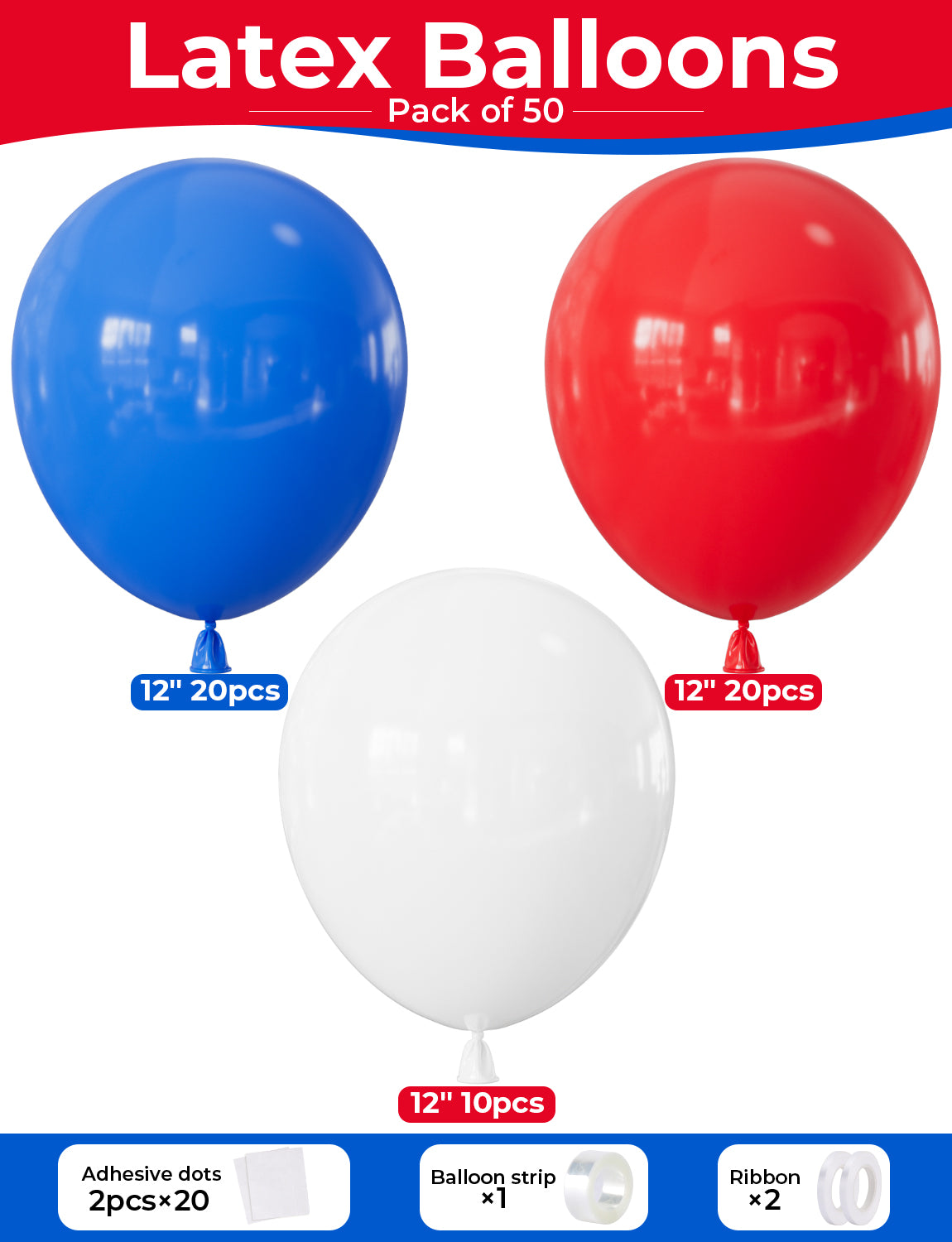 Haolongfa Red White and Blue Balloons 50 PCS, 12 Inch Patriotic Balloons