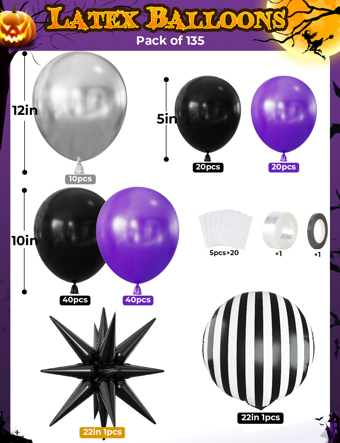 Halloween Balloon Garland Arch Kit, 135PCS Purple Black Silver Balloons with Foil Starburst Balloons for Spooky Party, Dark Style Birthday, Gothic Theme Halloween Party Decorations