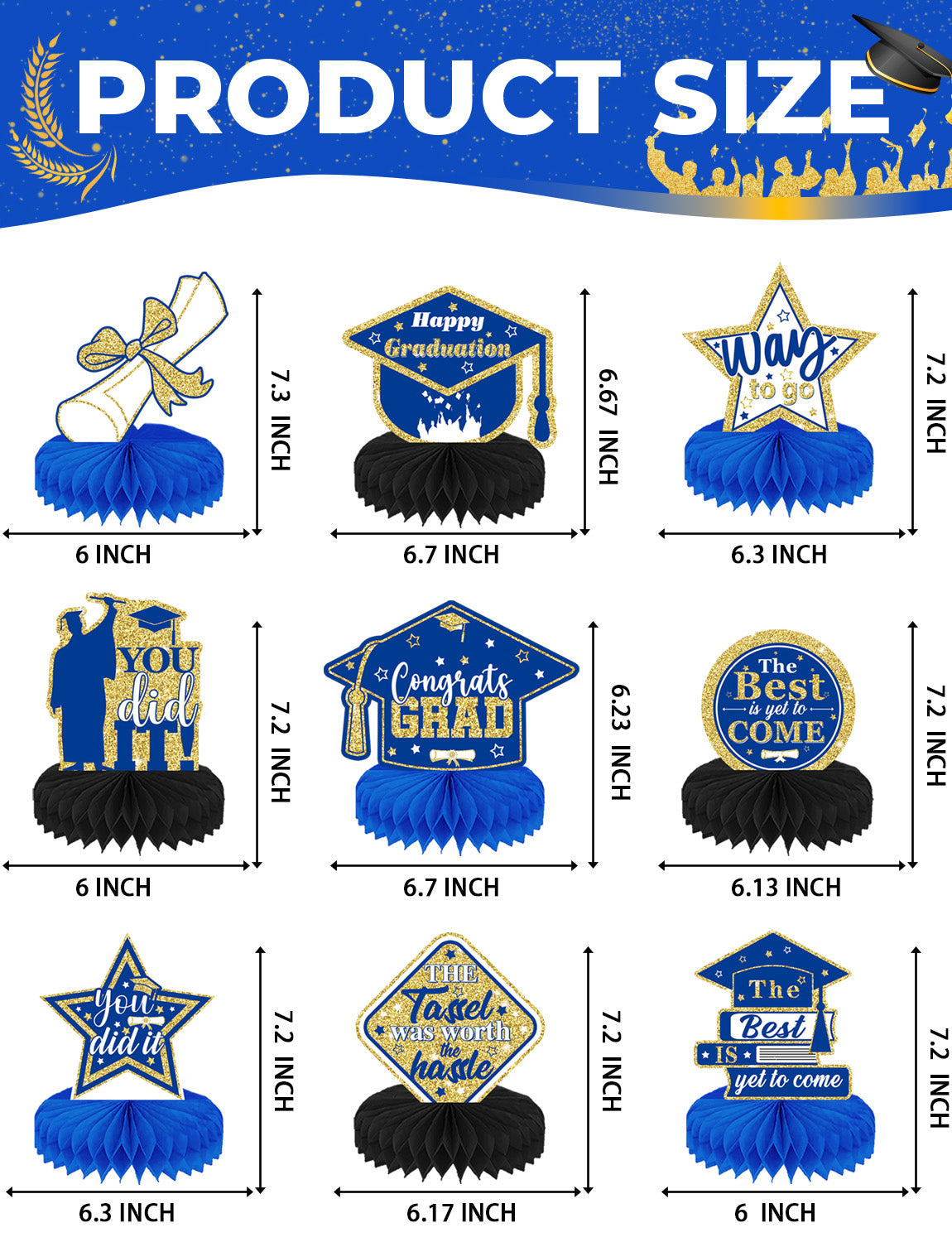 Graduation Centerpieces for Tables, 9Pcs Graduation Table Decorations, 3D Royal Blue Congrats Grad Honeycomb Centerpieces Table Toppers, Photo Props for Class of 2025 Grad Party Favors