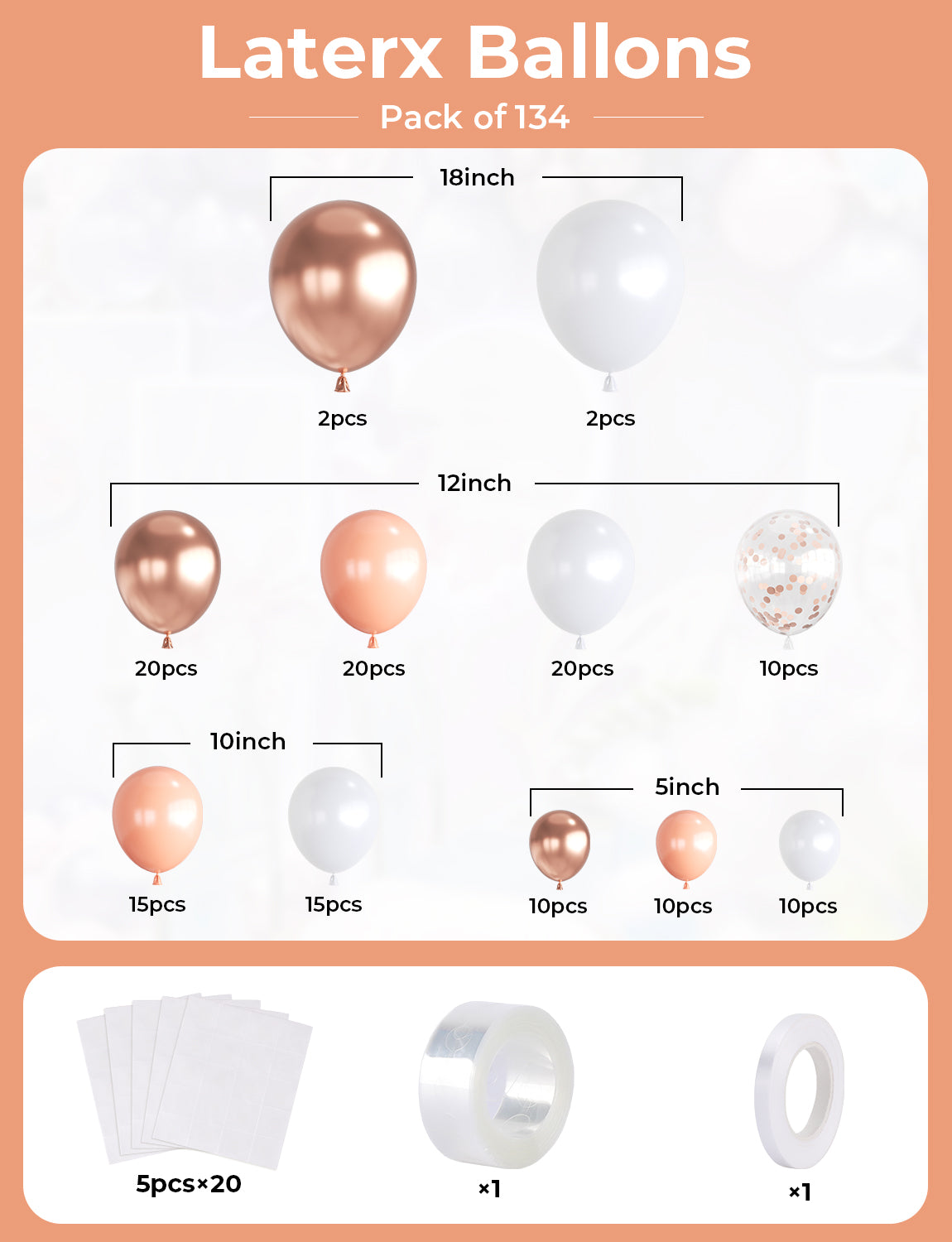Rose Gold Balloon Garland Arch Kit,134pcs Rose Gold White Latex Balloons 18/12/10/5 Inch,Rose Gold Confetti Balloons for for Birthday Woman Girls Bachelorette Baby Shower Wedding