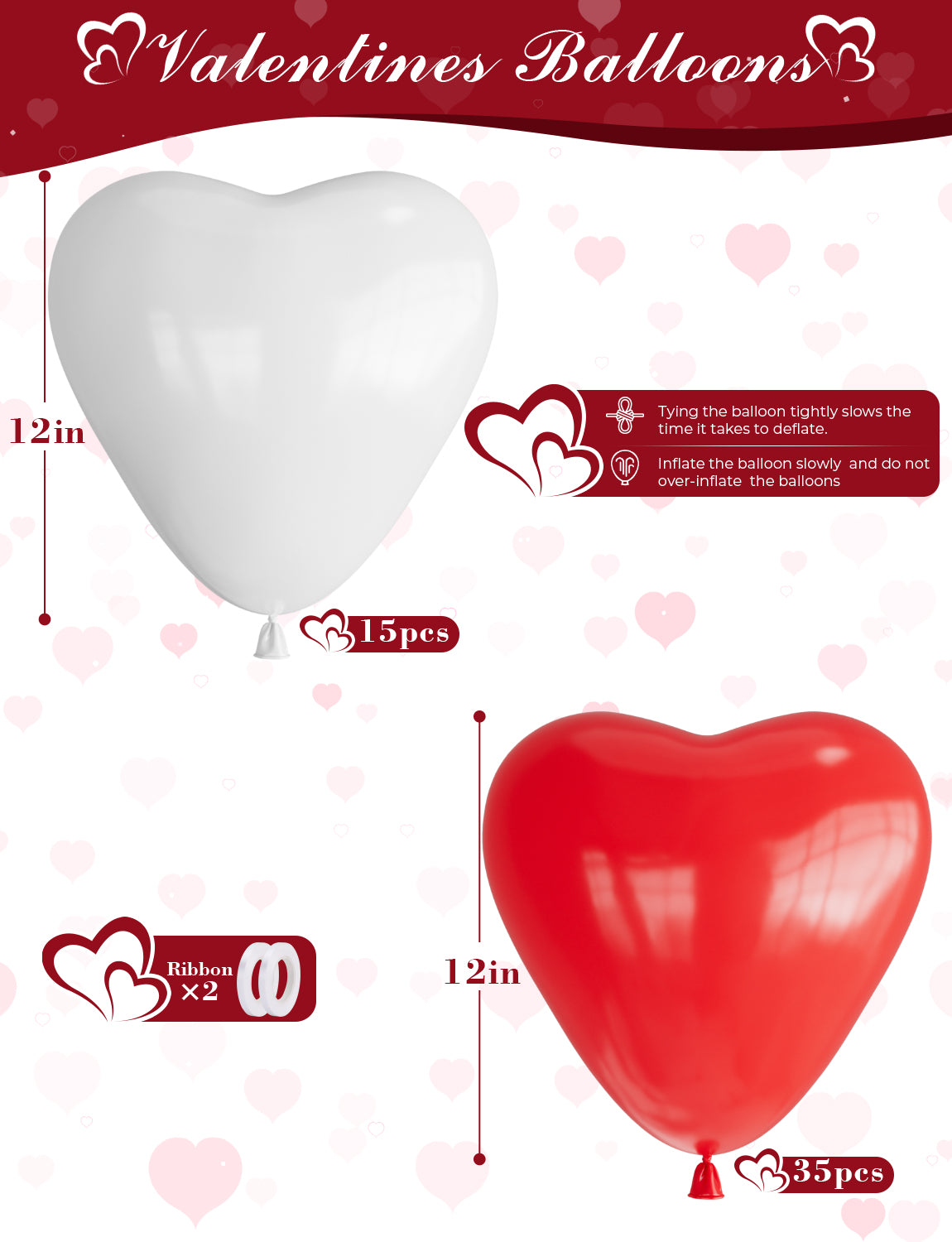 Haolongfa Valentines Balloons, 50Pcs Heart Shaped Balloons, 12 Inch Heart Balloons Latex Balloons, Romantic White and Red Heart Balloons, for Propose Marriage, Wedding Party, Valentines Day Decoration