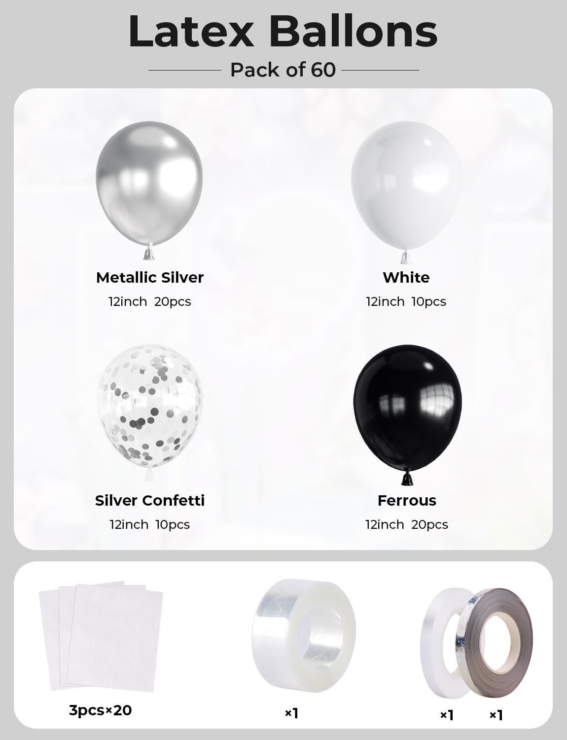 Haolongfa Black and Silver Balloons,12 Inch 60pcs Black White Silver Confetti Balloons,Metallic Silver Latex Balloons for Graduation Birthday Anniversary Wedding Party Decorations