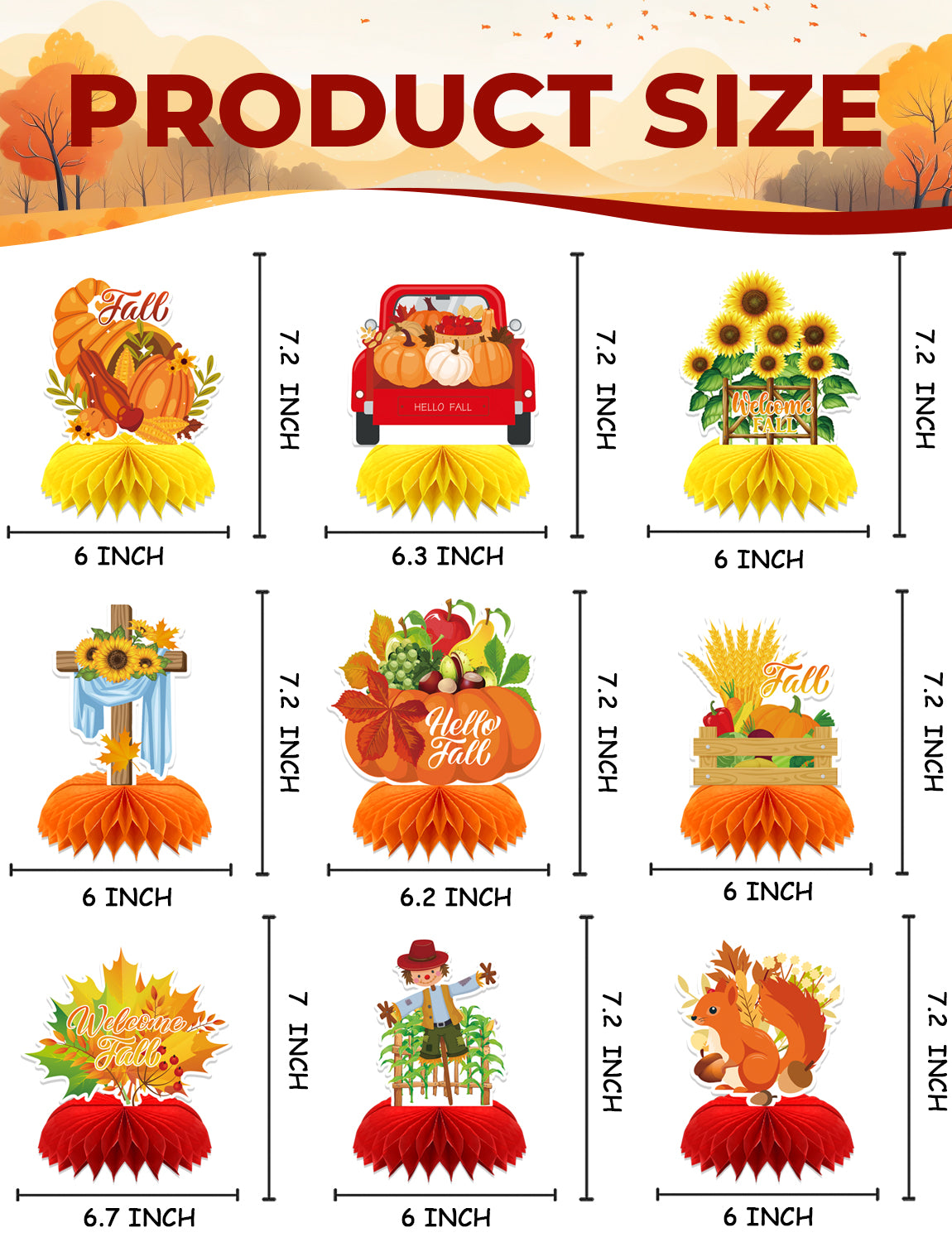 Fall Table Decorations - 9Pcs Fall Honeycomb Centerpieces for Tables with Pumpkins, Sunflowers, Scarecrow, Squirrel for Thanksgiving Dinner, Autumn Harvest Festival, Rustic Fall Party Decorations