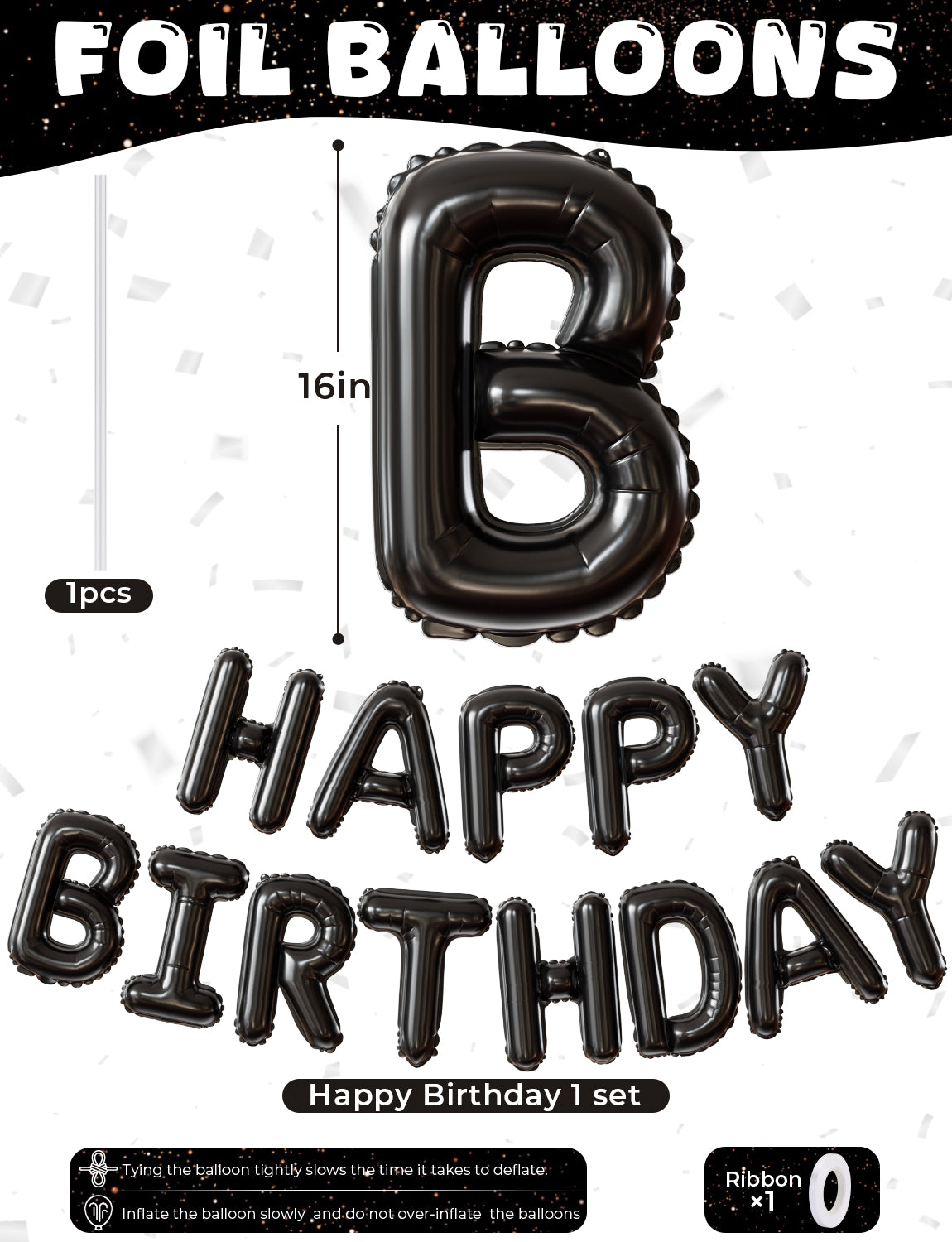 Haolongfa Happy Birthday Balloon Banner, 16 Inch Black Happy Birthday Banner Foil Balloons, Black Hbd Balloons Letter Mylar Balloon, Birthday Sign Party Decorations for Women Men Boys Girls