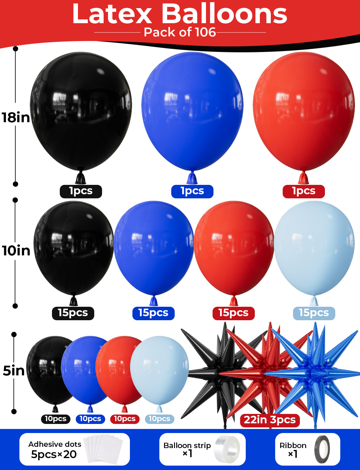 Black Red and Blue Balloons Arch Garland Kit, 106pcs Spider Theme Balloon Arch Kit with Starburst Foil Balloons, Hero-Themed Party Decorations and Birthday Backdrop for Boys