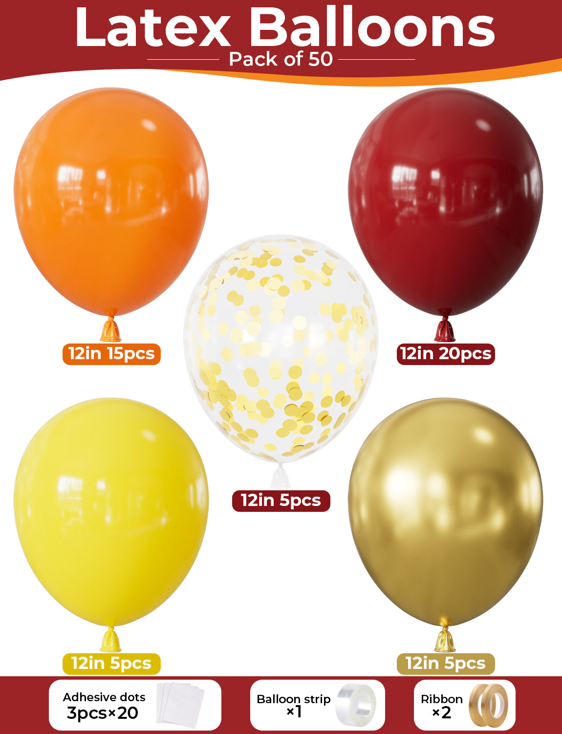 Fall Balloons, 50Pcs 12 In Thanksgiving Balloons in Burgundy Gold Orange Yellow Confetti, Autumn Latex Balloons for Family Dinner, Harvest Festival, Fall Party & Thanksgiving Decorations