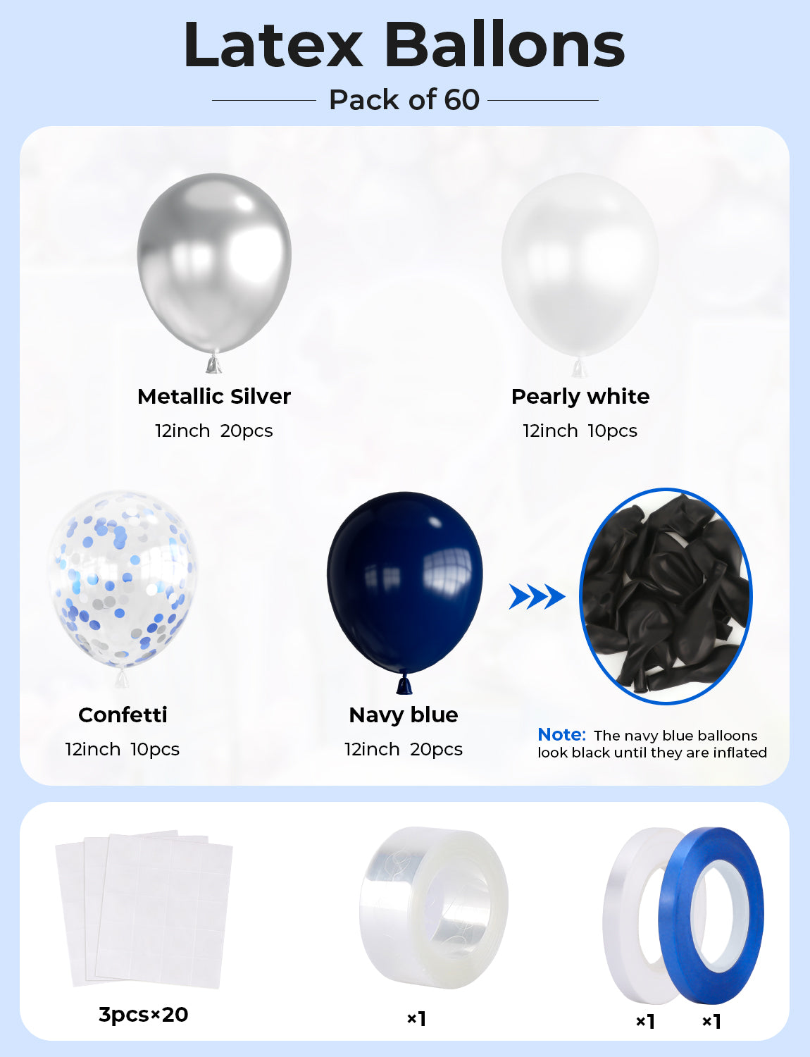 Haolongfa Navy Blue and Silver Balloons,12 Inch 60pcs Navy Blue Balloons with Silver Confetti Balloons,Pearl White Latex Balloons for Graduation Birthday Baby Shower Anniversary Wedding Party