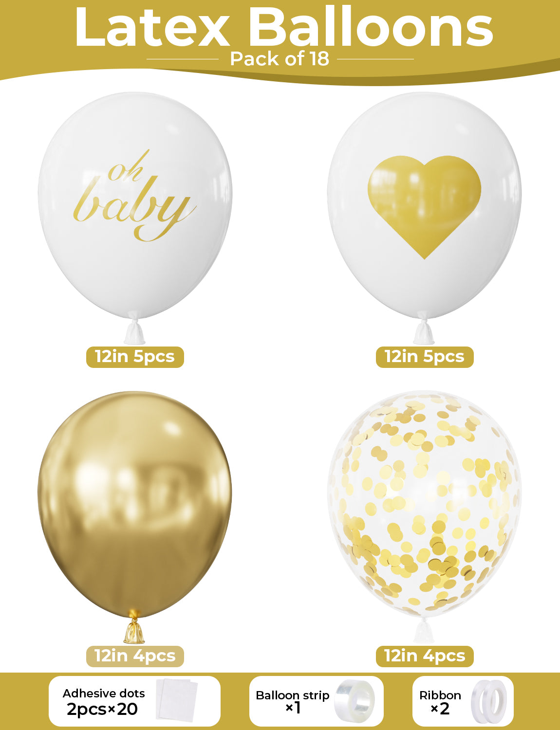 Oh Baby White and Gold Balloons 18pcs Set - 12 Inch Printed Latex Balloons, White Metallic Gold Confetti Balloons for Baby Shower, Gender Reveal, Birthday, Lovely Photo Decorations