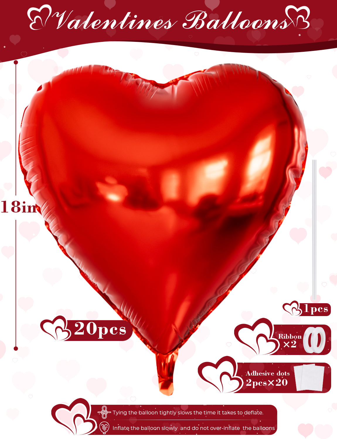 Haolongfa 20 Pcs Red Heart Balloons, 18 Inch Red Heart Shaped Balloons, Romantic Valentine Balloons, Big Heart Foil Balloons for Valentine's Day Wedding Anniversary Baby Shower Party